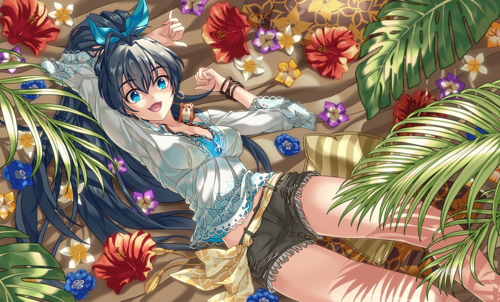 idolmaster, ponytail, matsusatoru, animal, necklace, fang, hibiki, wristwear, hair, flowers, ganaha, hamuzou, kouji, black, eyes, leaves, shorts, 720P, HD Wallpaper