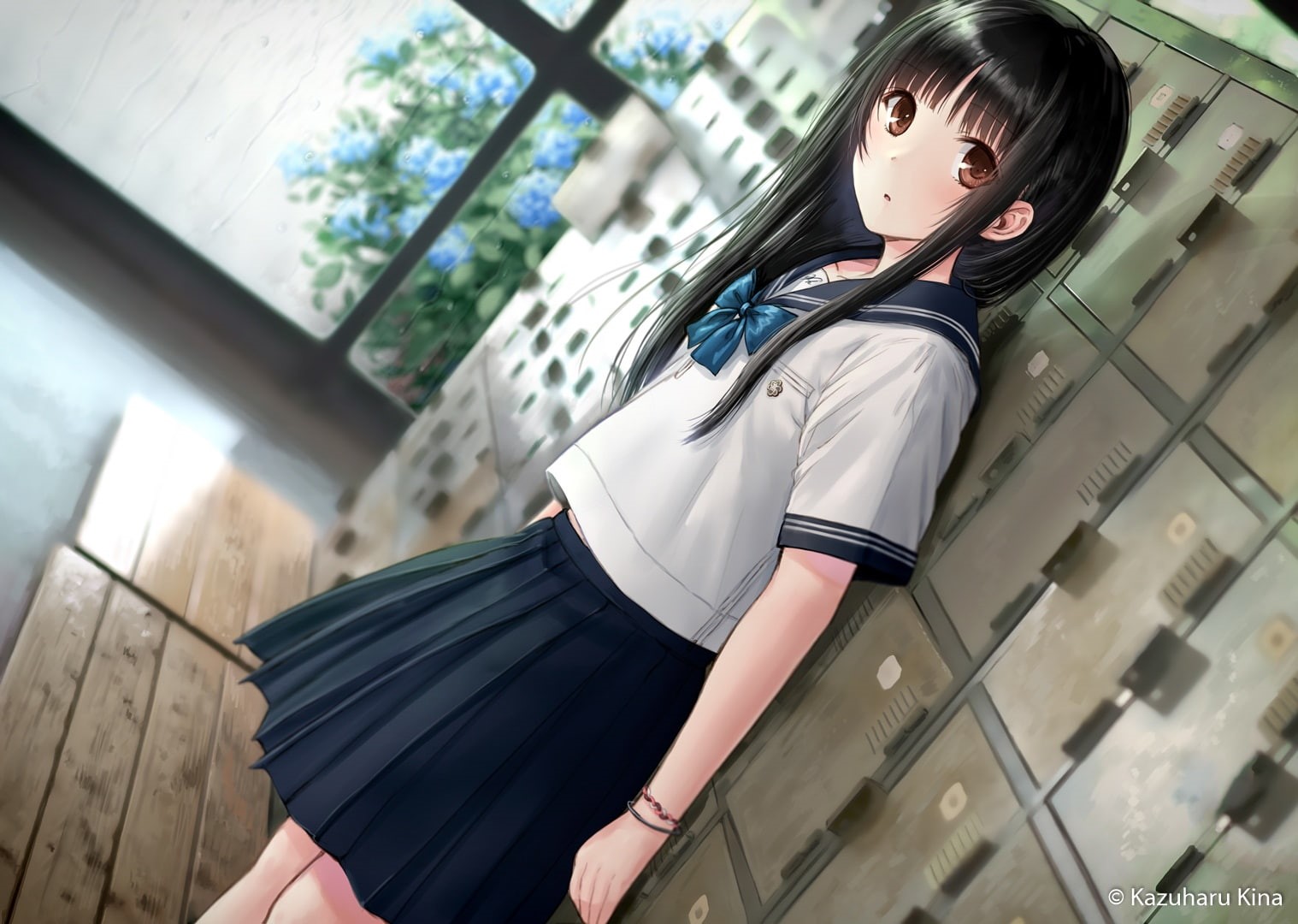 hair, kazuharu, brown, long, eyes, rain, kina, watermark, 720P, black, seifuku, wristwear, konachan, 241660, original, skirt, bow, water, com, HD Wallpaper