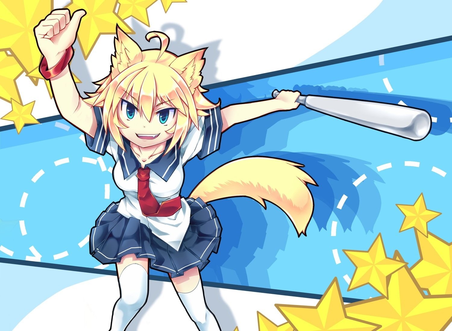 skirt, urotsuki, blue, bat, tie, baseball, 720P, foxgirl, ears, 2kki, animal, yume, wristwear, thighhighs, hair, seifuku, eyes, nongqiling, blonde, HD Wallpaper