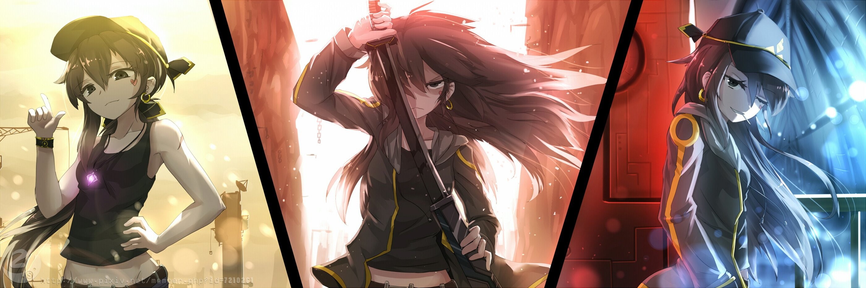 katana, 2K, ponytail, black, blonde, brown, weapon, original, eyes, watermark, tattoo, sen, navel, necklace, wink, long, wristwear, sword, hair, hat, HD Wallpaper