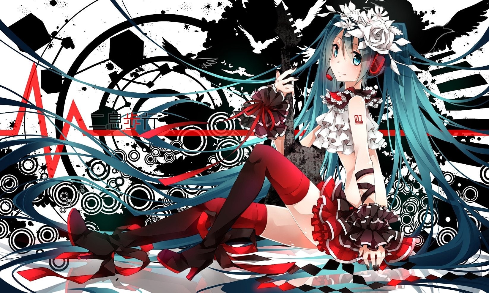 ryouiki, eyes, miku, long, 720P, boots, tattoo, toutenkou, aqua, blue, zettai, hatsune, vocaloid, wristwear, animal, hair, headphones, flowers, bird, twintails, HD Wallpaper