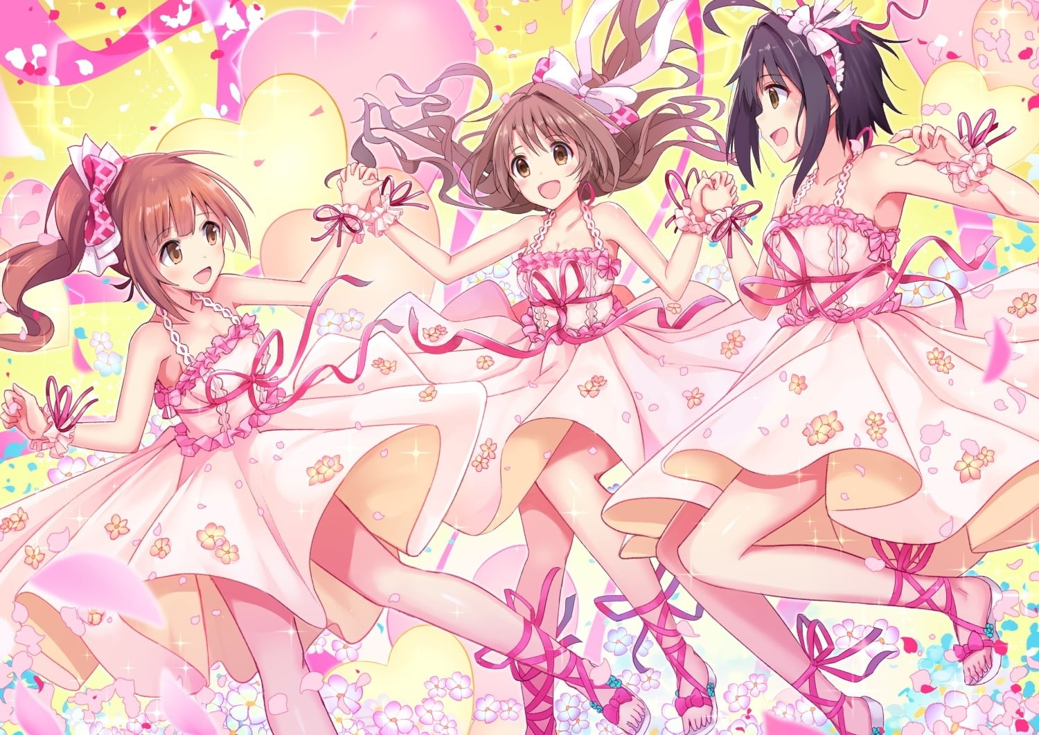 eyes, hair, 250860, igarashi, ponytail, kyouko, ribbons, short, brown, com, rin, konachan, miho, bow, black, wristwear, 720P, kohinata, idolmaster, dress, HD Wallpaper