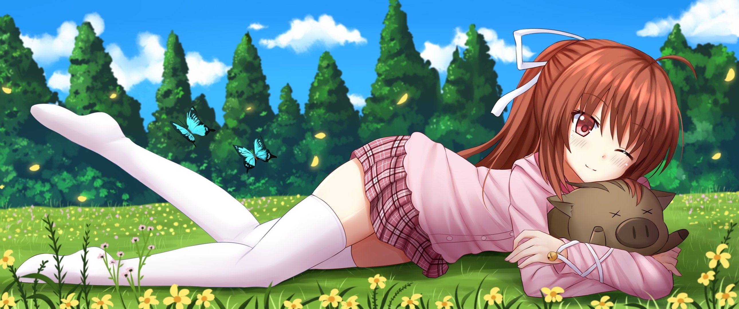 ribbons, clannad, sky, grass, ponytail, wristwear, butterfly, clouds, tree, eyes, petals, wink, long, blush, 2K, animal, seifuku, bell, flowers, red, botan, HD Wallpaper
