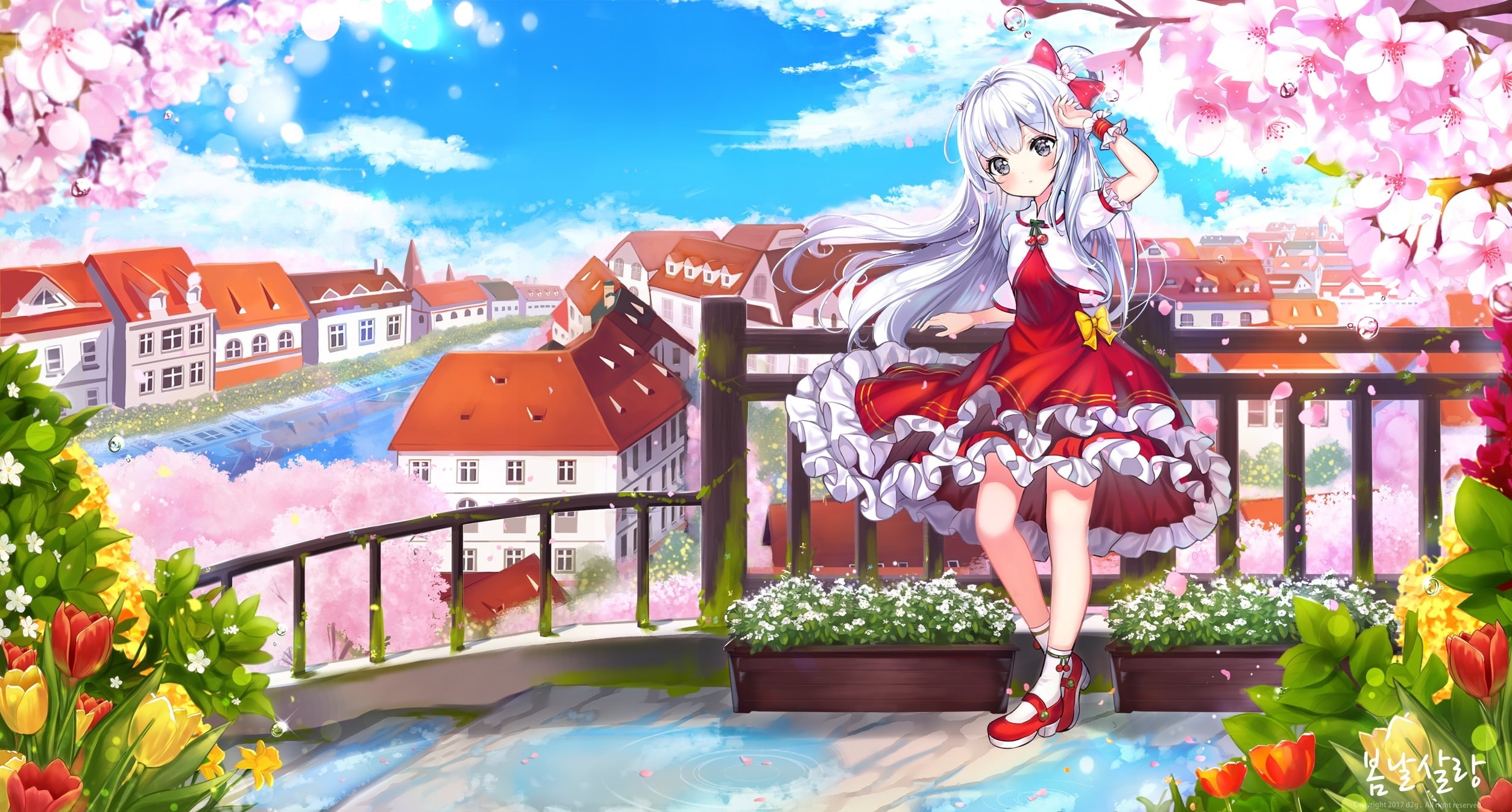 building, dress, eyes, socks, city, 1080P, wristwear, reflection, water, flowers, 242178, bow, white, konachan, original, pass35, petals, com, hair, clouds, HD Wallpaper
