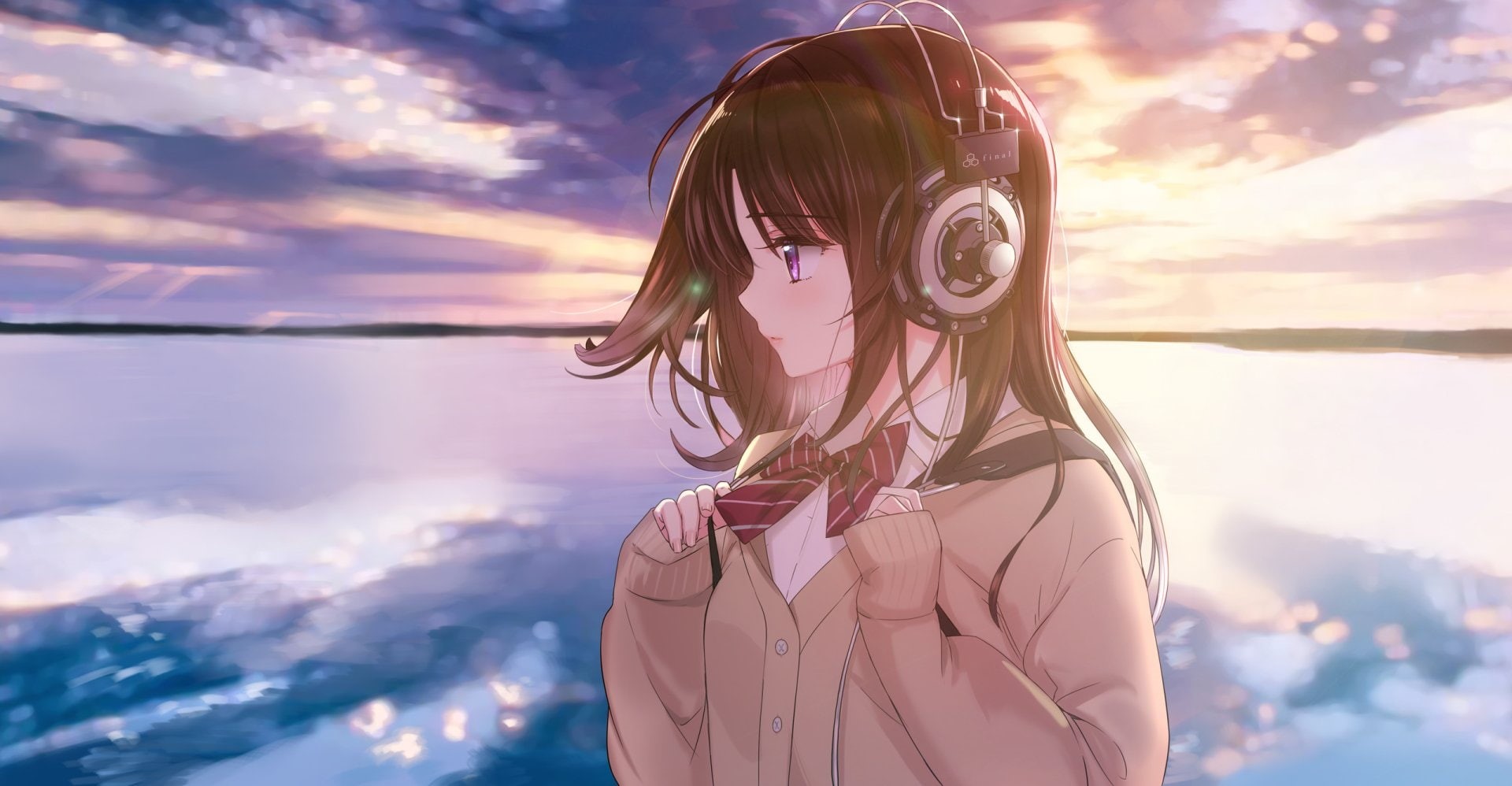 Headphones, 1080P, Long Hair, Anime, bow (Clothing), Brown Hair, Purple Eyes, HD Wallpaper