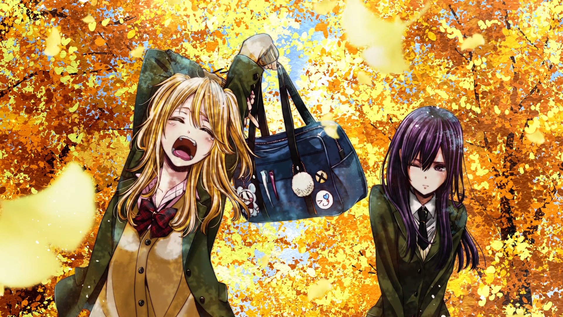 Blonde, Sunbeam, Wink, 1080P, Mei Aihara, Purple Hair, bow (Clothing), Tie, Yuzu Aihara, Twintails, Leaf, Anime, Citrus, School Uniform, Long Hair, Blush, HD Wallpaper
