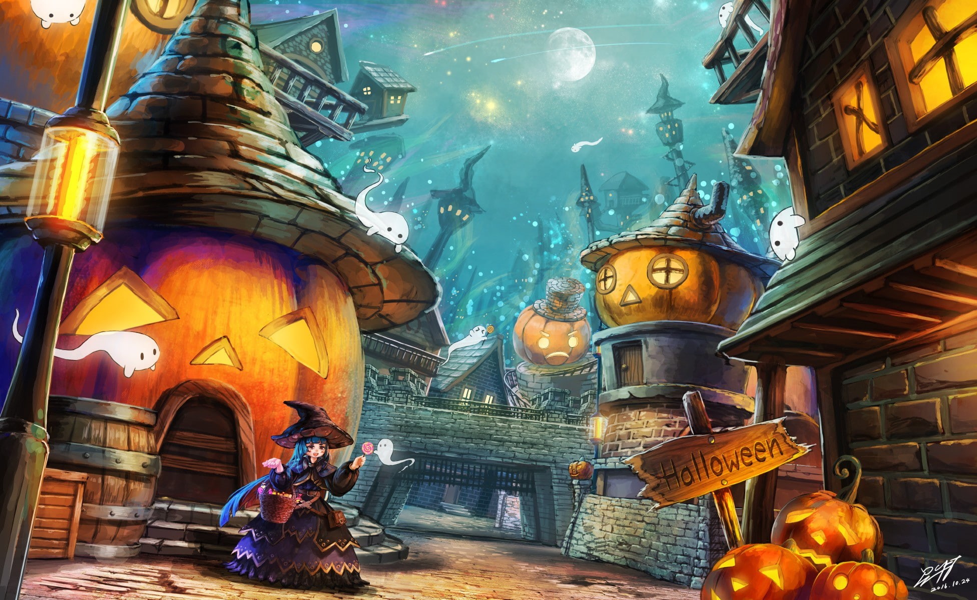 building, blushing, stars, long hair, city, aqua hair, Moon, lollipop, 1080P, witch, witch hat, pumpkin, dress, Halloween, HD Wallpaper