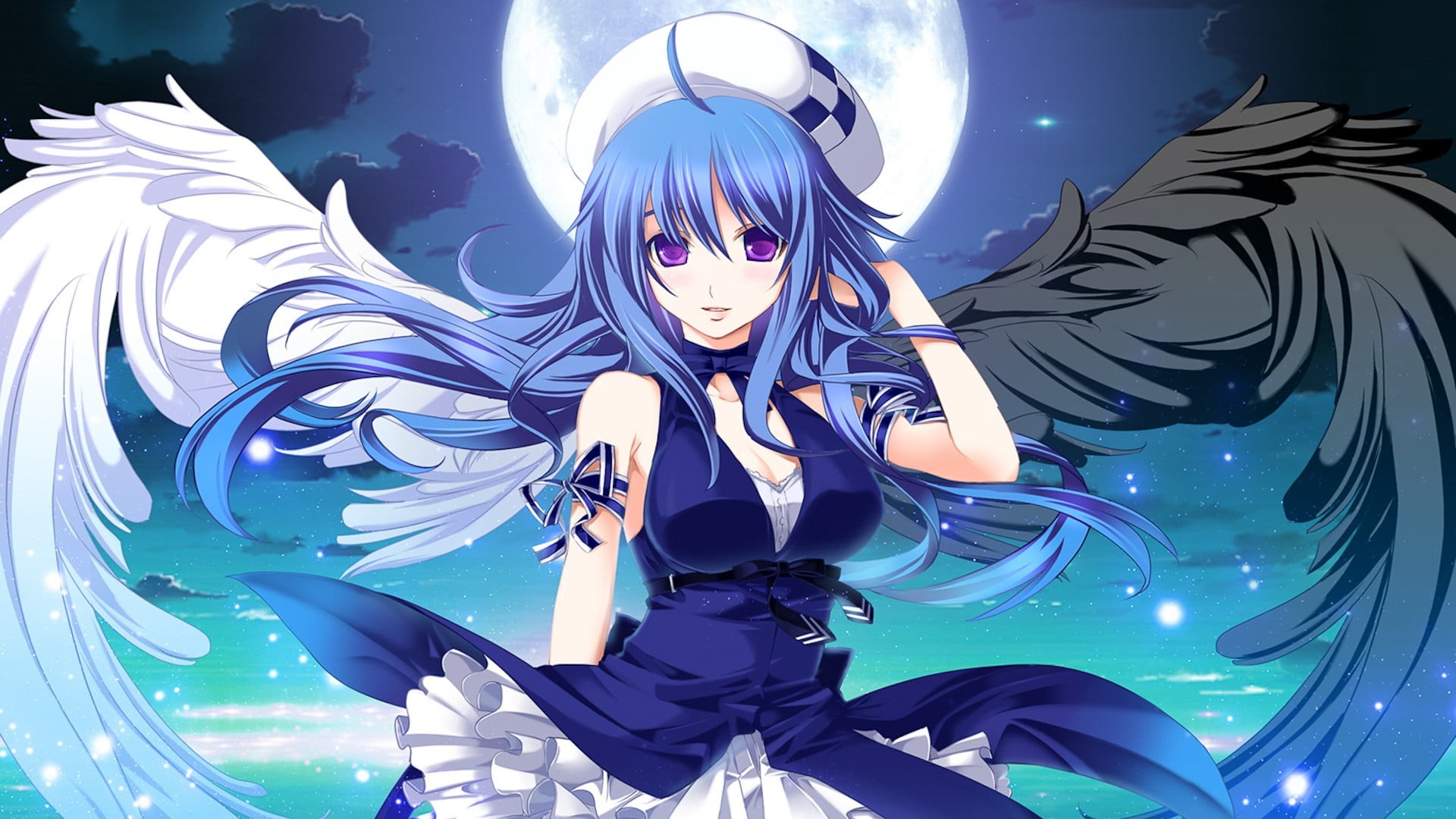 creativity, Moon, dress, girl, waist up, one person, blue dress, young adult, 1080P, illustration, human representation, blue hair, white, ribbon, night, HD Wallpaper