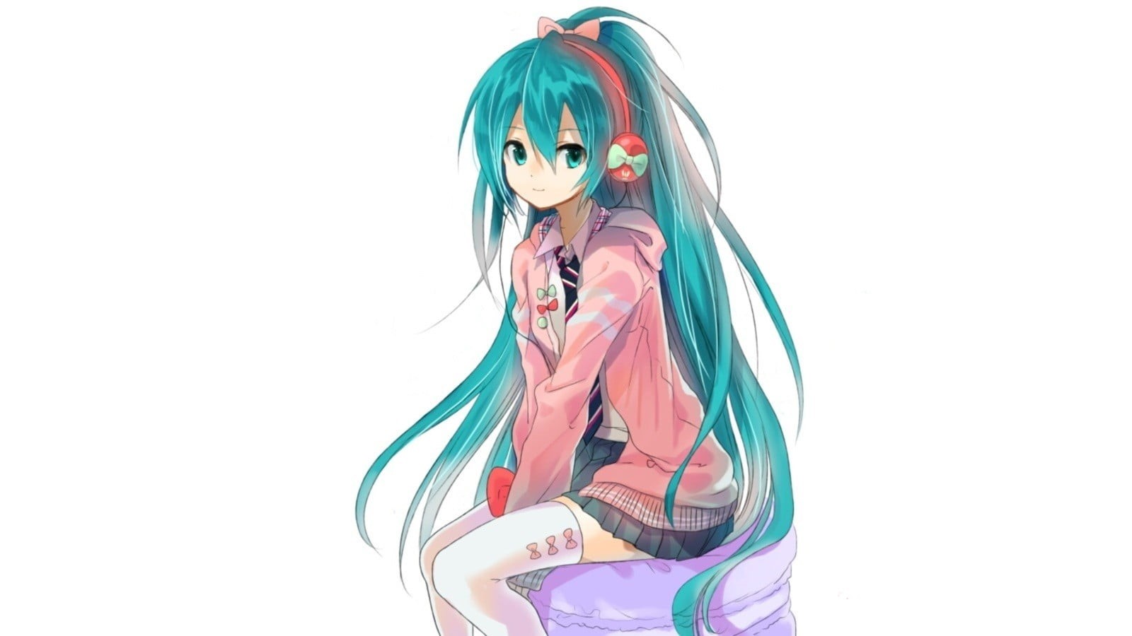 young women, long hair, headphones, women, indoors, 720P, Vocaloid, Hatsune Miku, anime, studio shot, one person, white background, blue eyes, cut out, HD Wallpaper