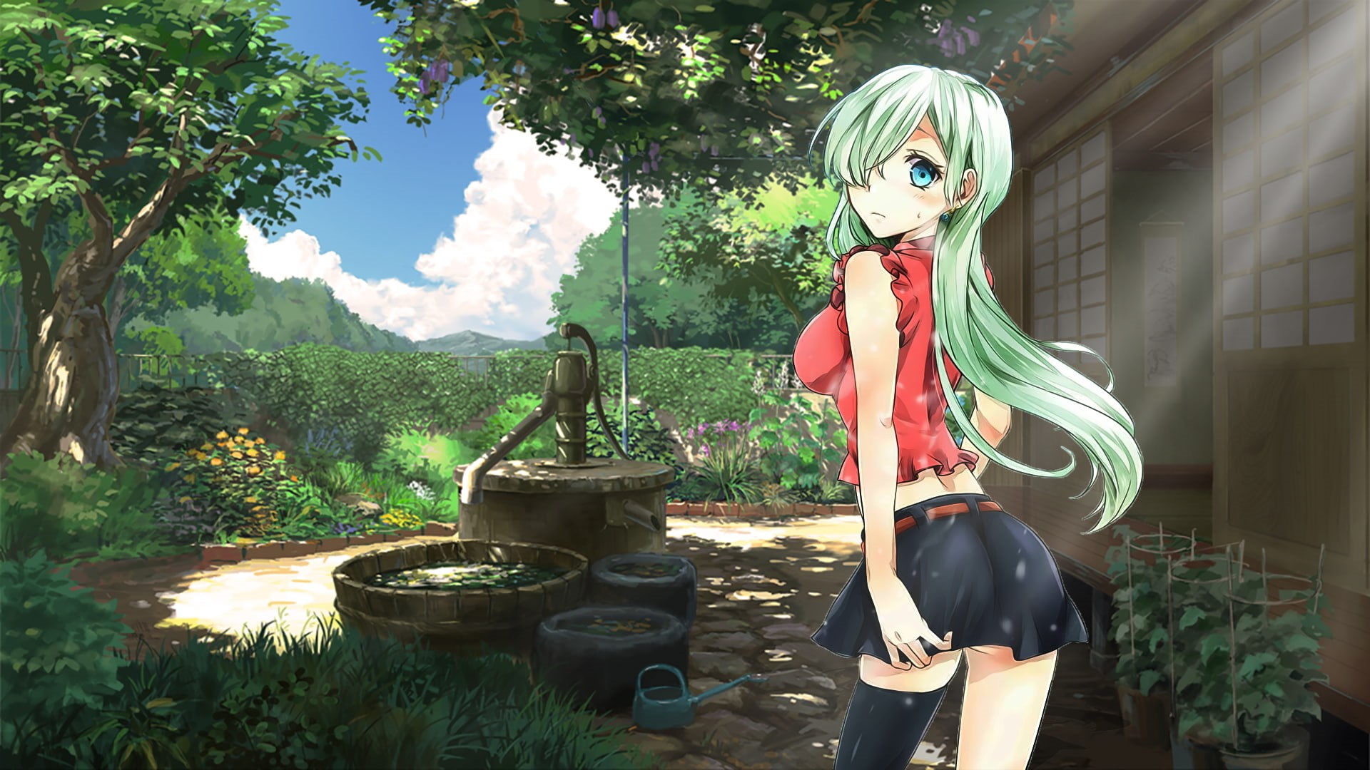 Thigh Highs, Nature, Long Hair, The Seven Deadly Sins, Earrings, Elizabeth Liones, Flower, Blush, Anime, 1080P, Skirt, Blue Eyes, Green Hair, HD Wallpaper