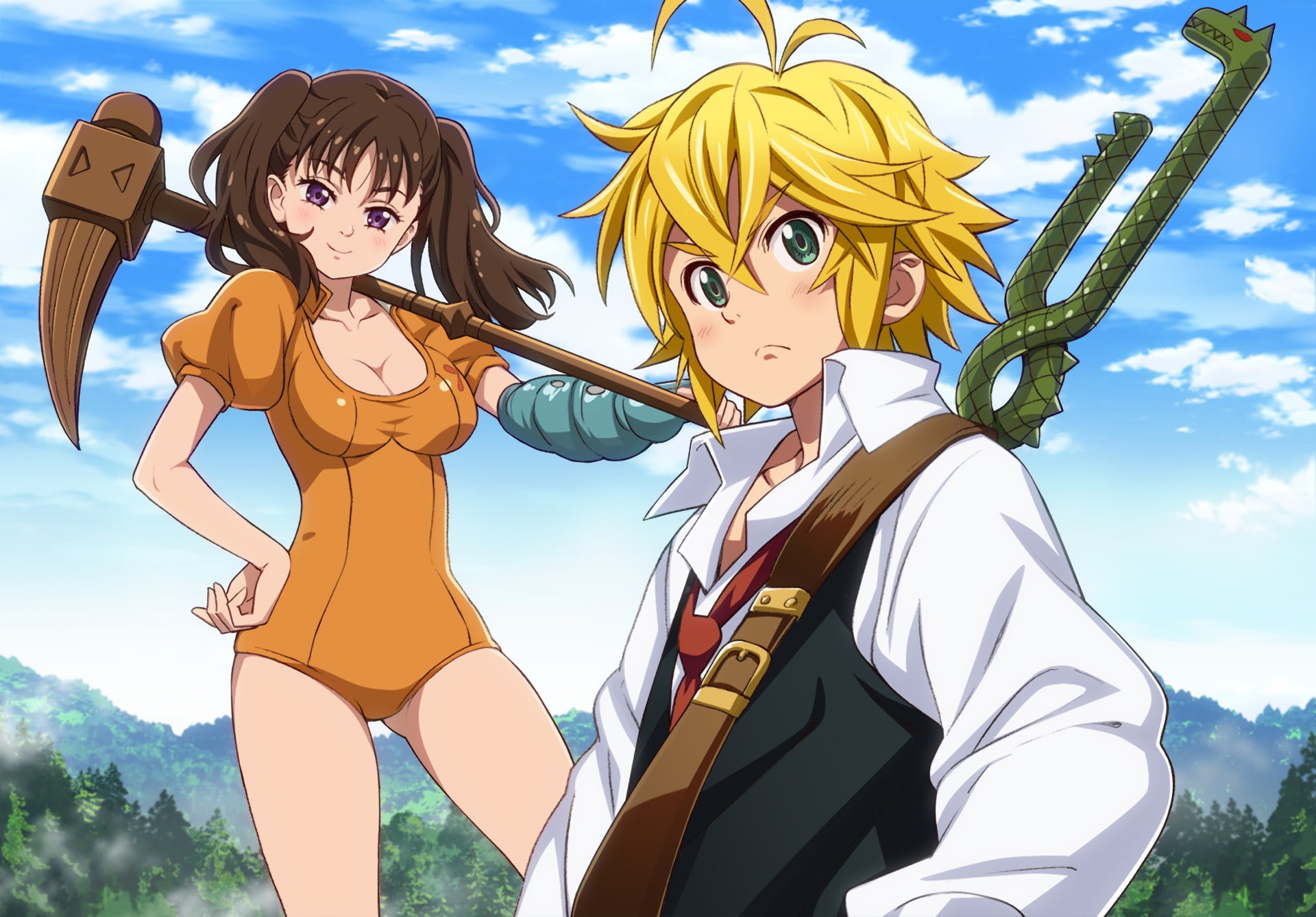Purple Eyes, Diane (The Seven Deadly Sins), Green Eyes, Hammer, 1080P, Anime, Weapon, Meliodas (The Seven Deadly Sins), Brown Hair, Blush, male, Blonde, HD Wallpaper