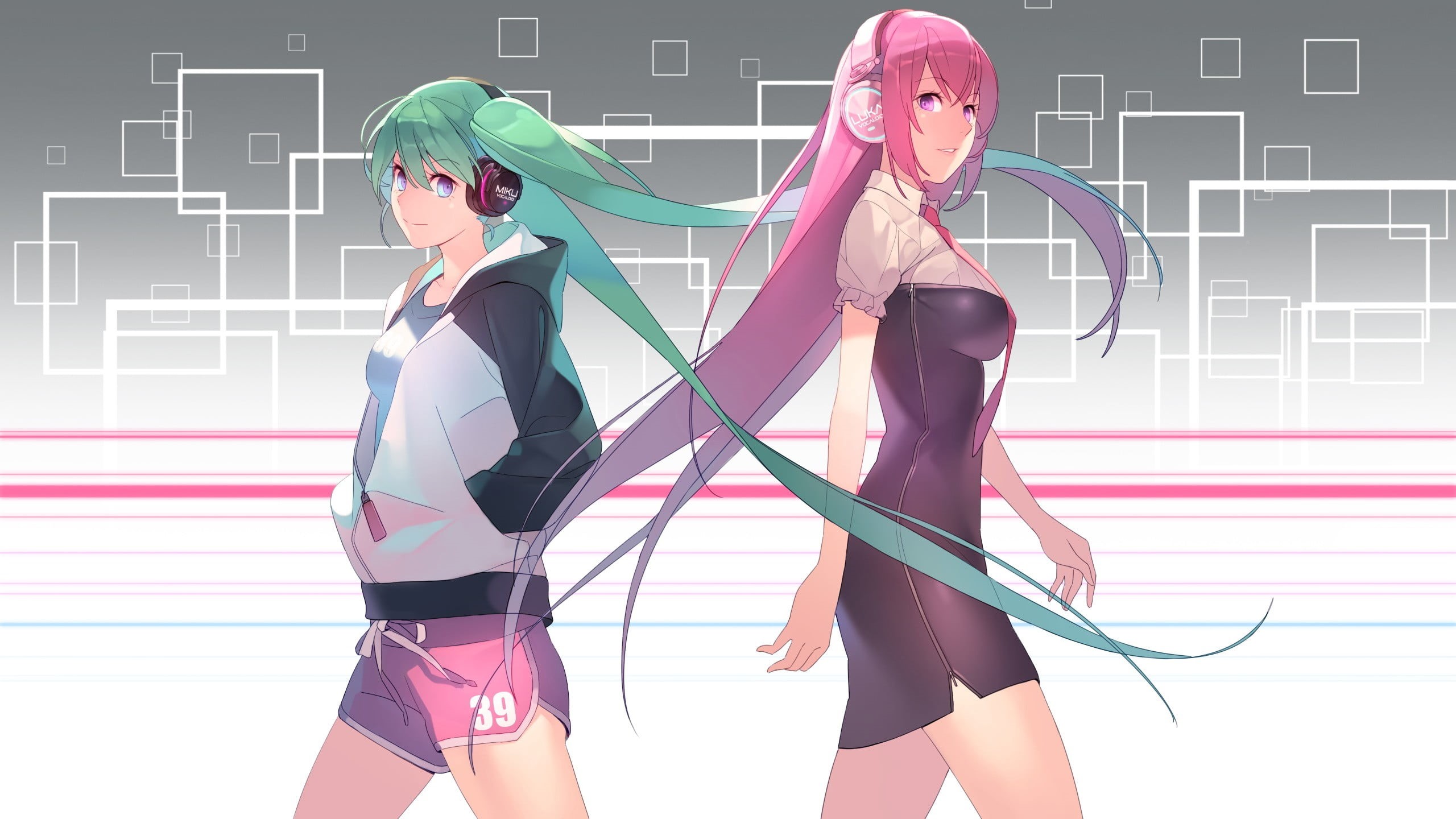 connection, technology, front view, illustration, lifestyles, headphones, indoors, pink hair, hoods, shorts, purple eyes, anime girls, twintails, young women, HD Wallpaper