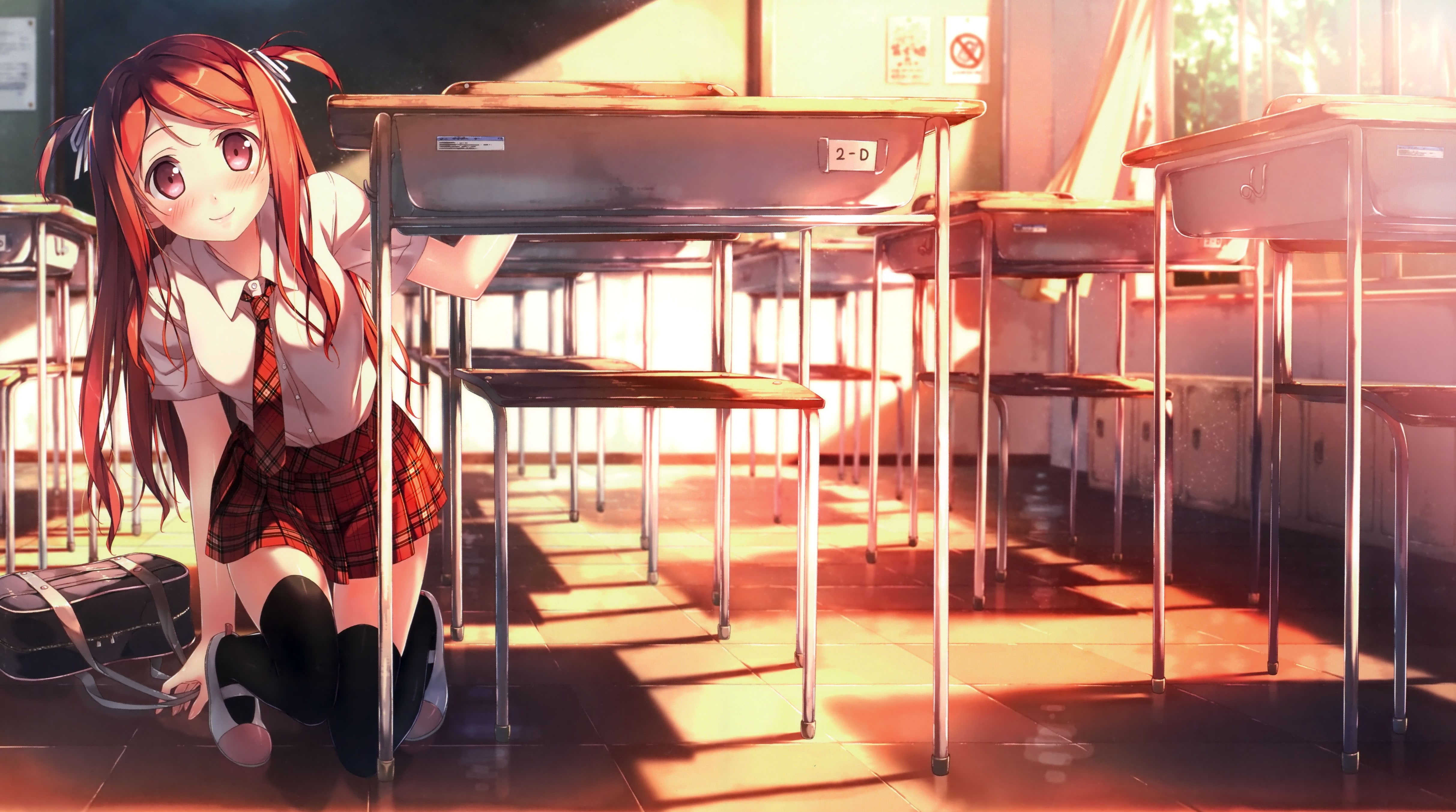 sitting, real people, black board, one person, flooring, window, casual clothing, nature, anime girls, hair ornament, tie, sunlight, schoolgirl, indoors, HD Wallpaper