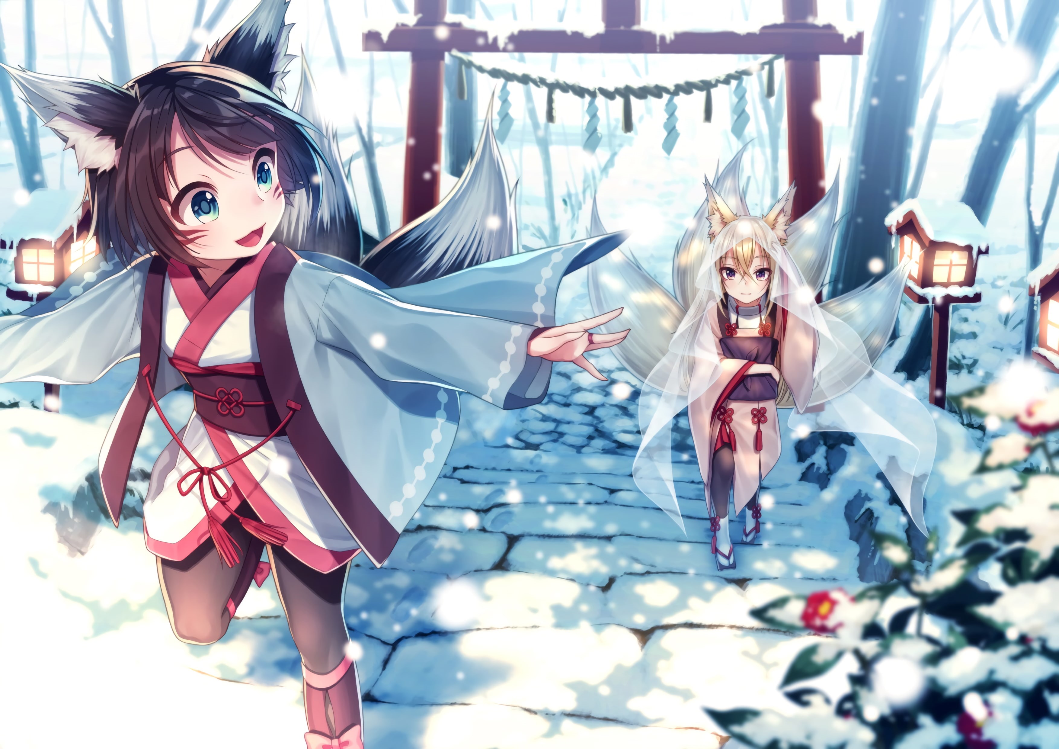 brunette, blonde, animal ears, long hair, anime girls, snow, short hair, 2K, anime, winter, Japanese clothes, purple eyes, tail, aqua eyes, HD Wallpaper