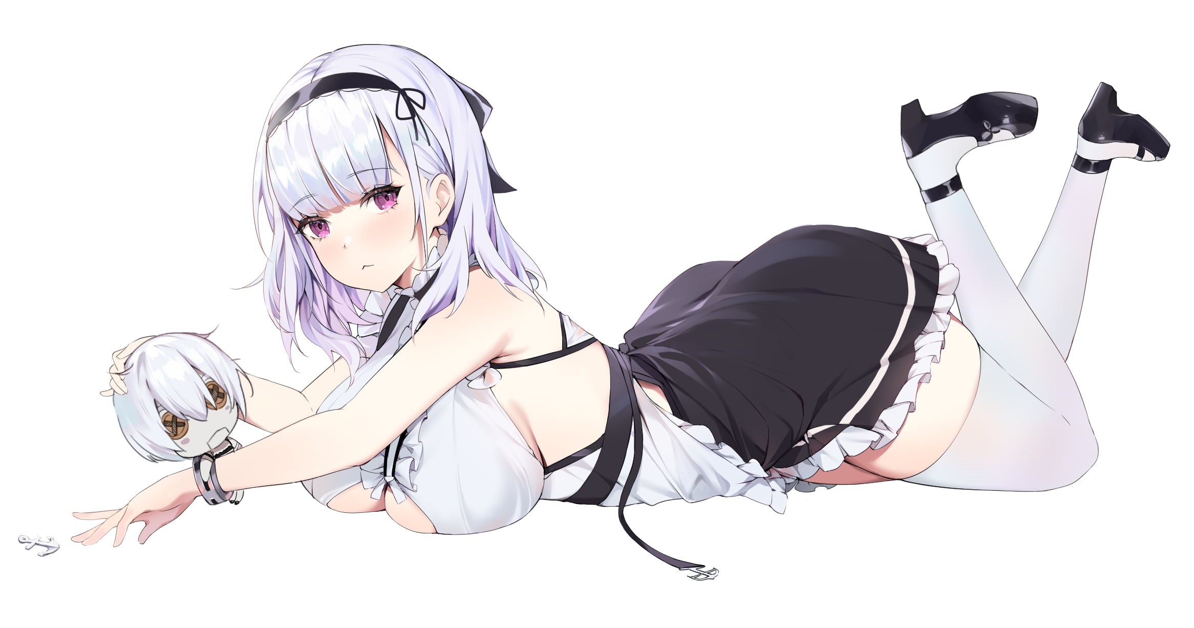 gray hair, 1080P, thighs, Dido (Azur Lane), purple eyes, apron, maid, HD Wallpaper