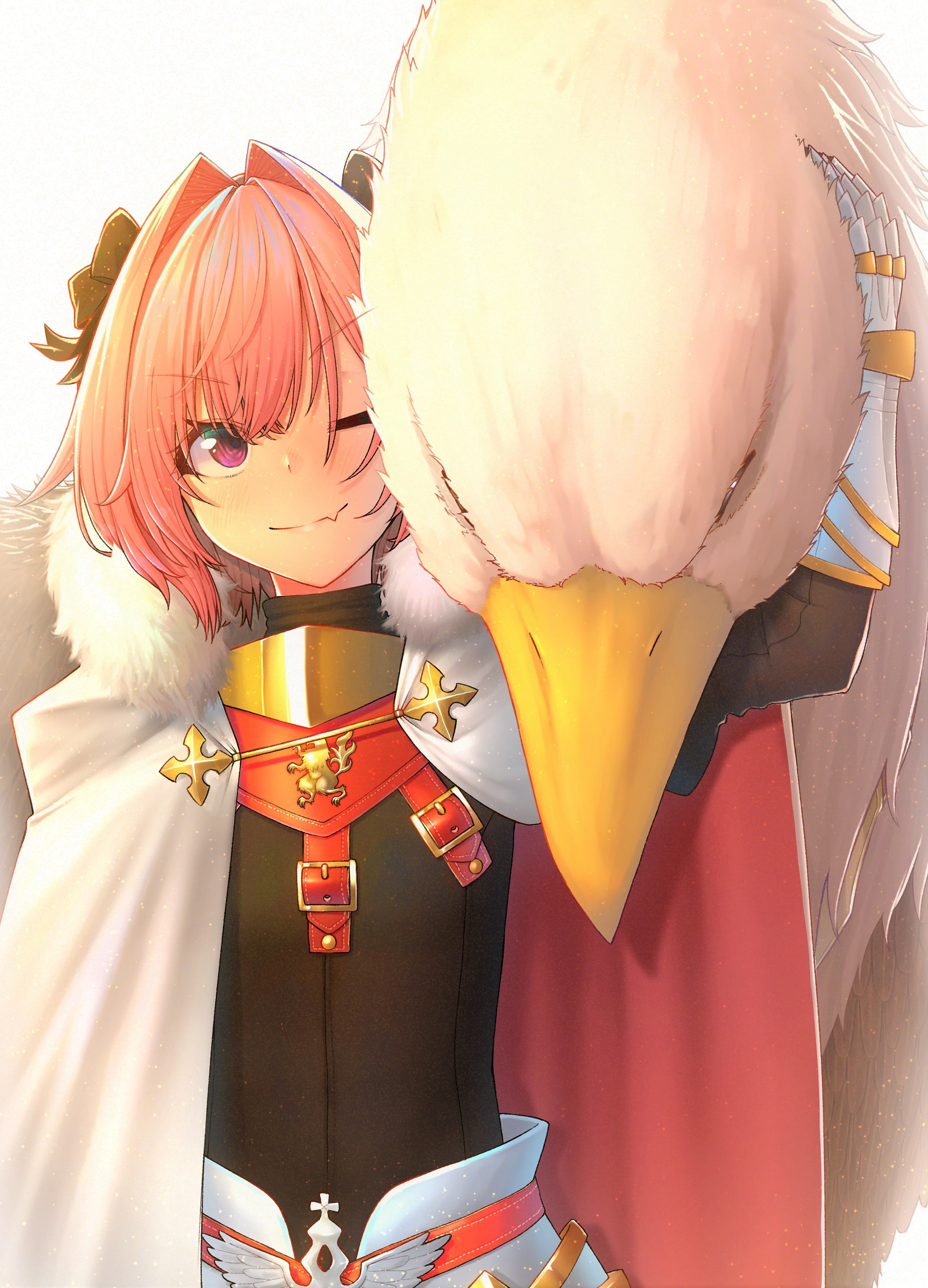 smiling, violet eyes, anime boys, Fate Series, hawk (animal), looking at viewer, Rider of Black (Fate/Apocrypha), multi-colored hair, fan art, 4K, pink hair, Phone HD Wallpaper