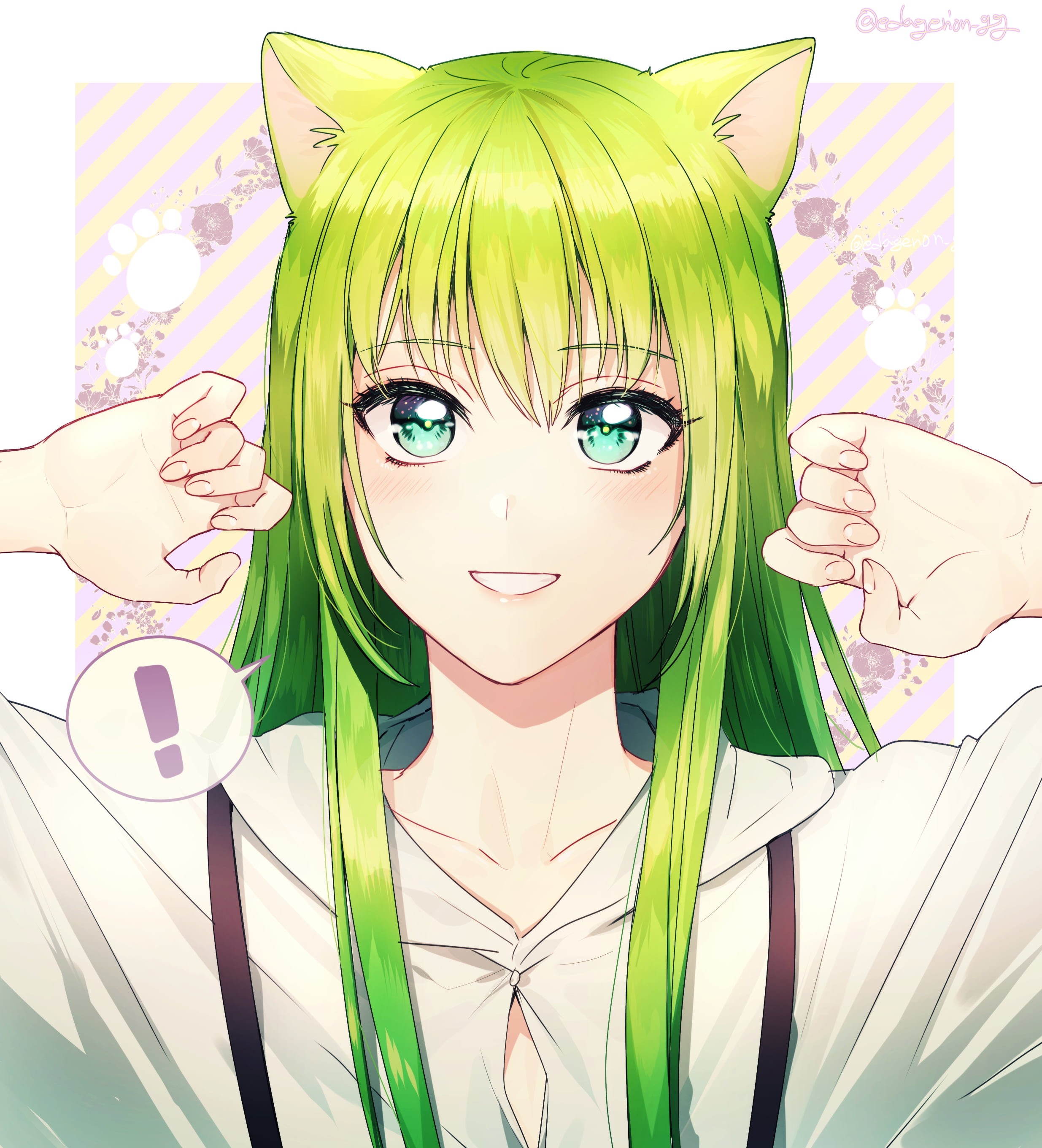 anime boys, green hair, green eyes, 2K, 2D, blushing, Fate/Grand Order, looking at viewer, long hair, smiling, nekomimi, fan art, FGO, Enkidu (FGO), Fate, Phone HD Wallpaper
