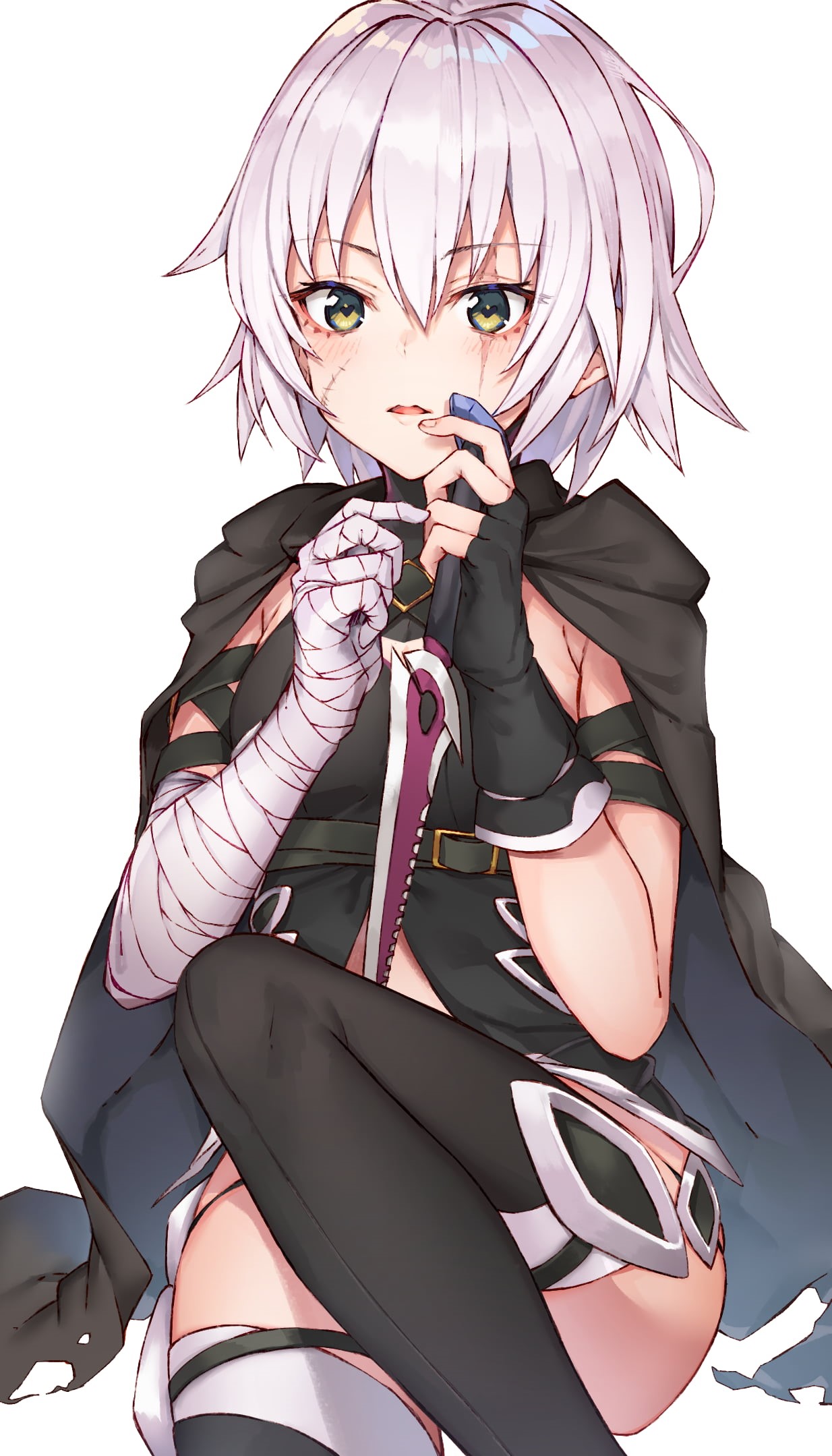 2D, white hair, black stockings, 1080P, Assassin of Black, Fate Series, green eyes, fantasy armor, bandanas, Fate/Apocrypha, vertical, short hair, Jack the Ripper (Fate/Apocrypha), Phone HD Wallpaper