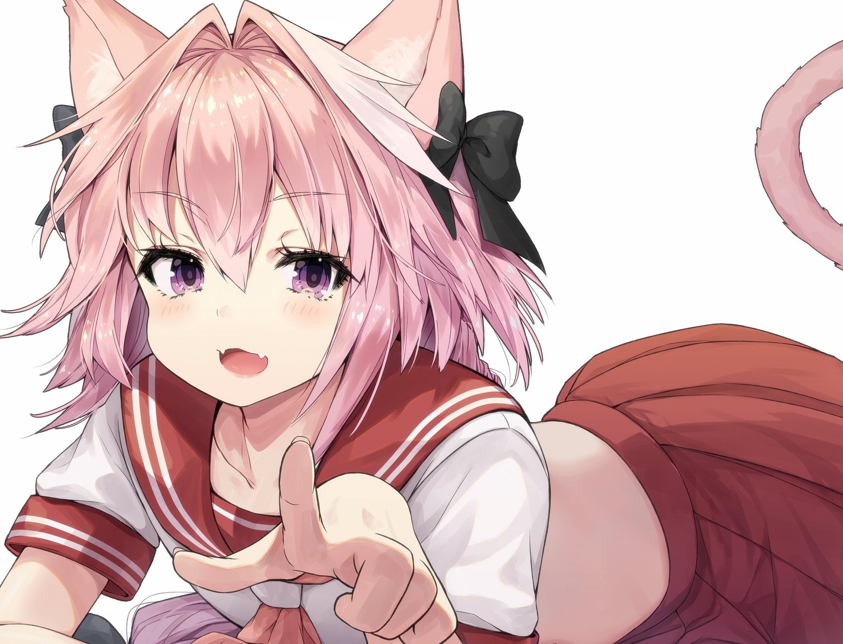 Fate/Apocrypha, solo, 720P, simple background, fangs, cat boy, pink hair, cat tail, artwork, smile, sailor uniform, looking at viewer, Fate Series, red skirt, HD Wallpaper