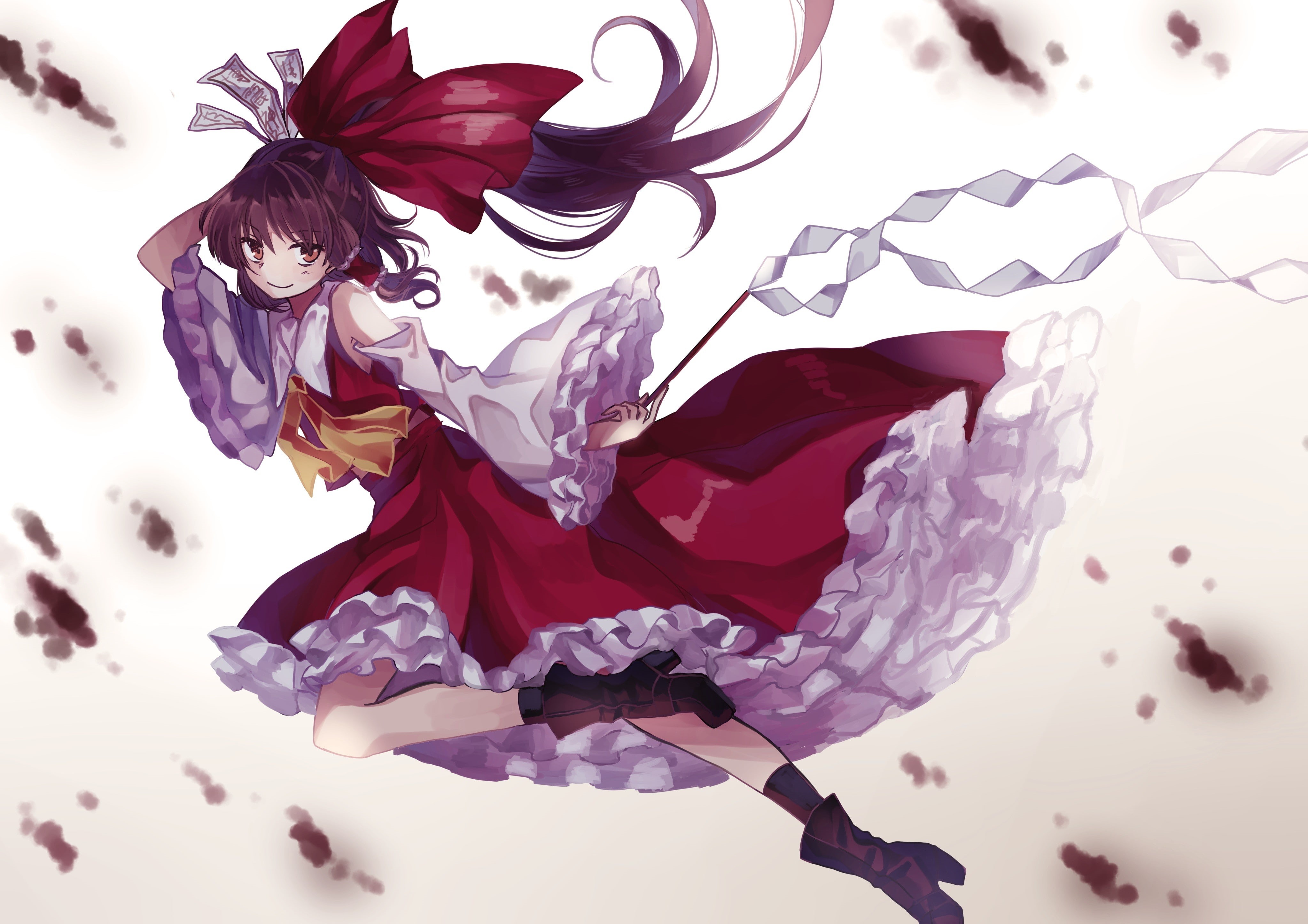 brown eyes, anime, Touhou, boots, Japanese clothes, long hair, 4K, brunette, anime girls, Hakurei Reimu, HD Wallpaper