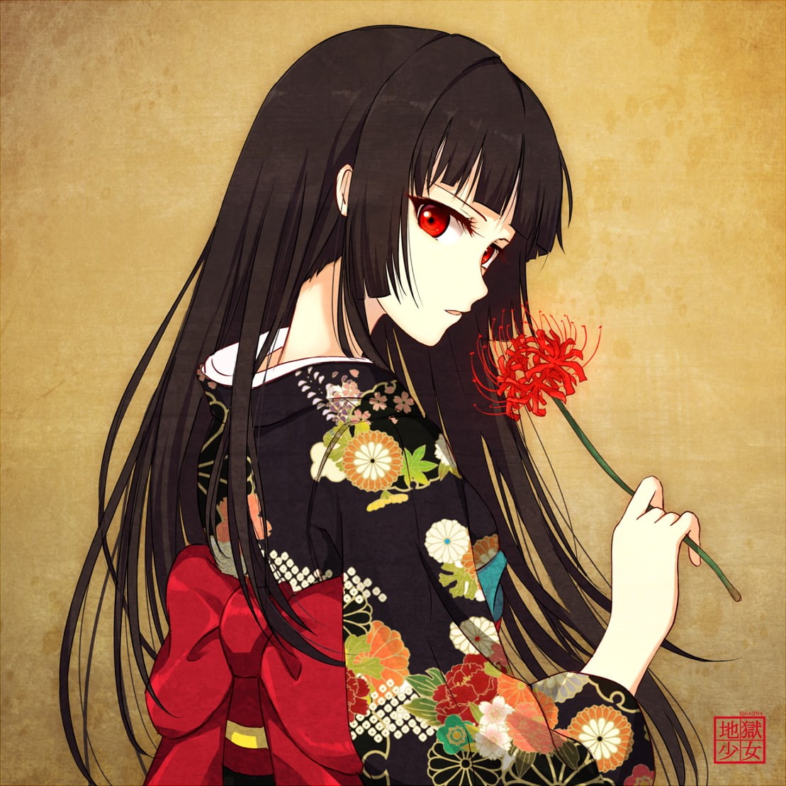 red eyes, Japanese clothes, anime, flowers, 480P, anime girls, Enma Ai, Jigoku Shoujo, long hair, Phone HD Wallpaper