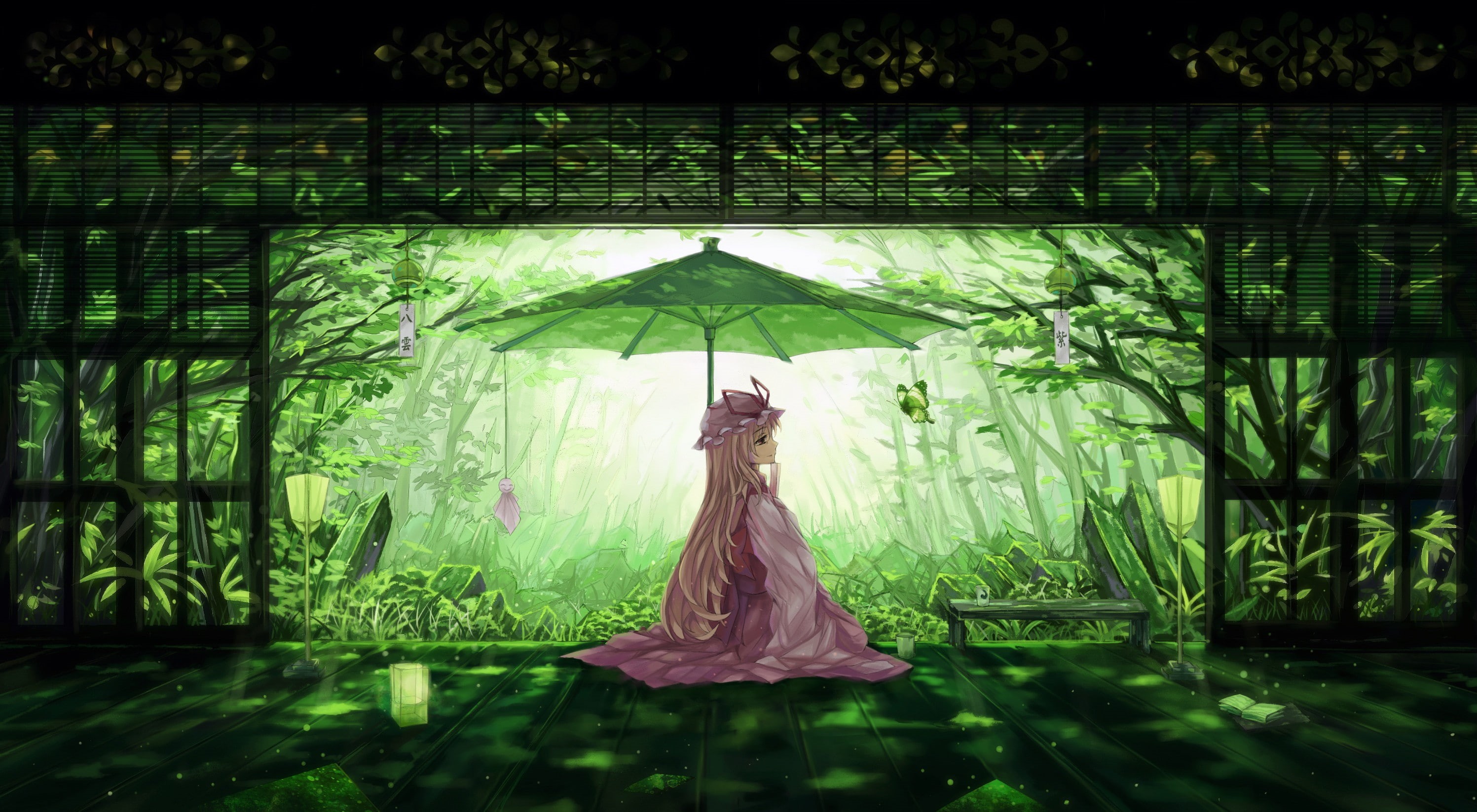 Touhou, books, Japanese clothes, Yakumo Yukari, blonde, parasol, long hair, anime girls, 2K, trees, HD Wallpaper