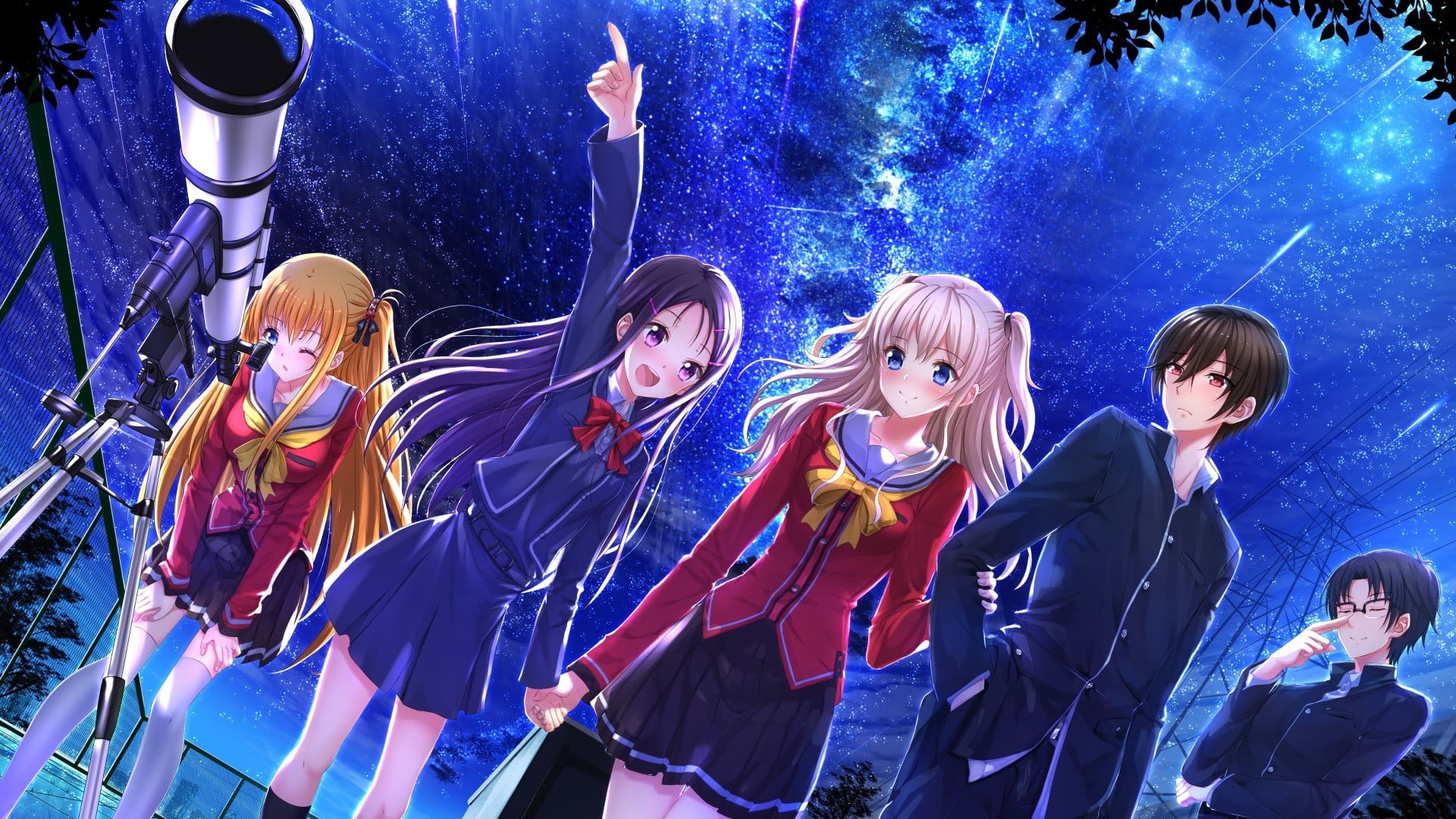 night, nightlife, schoolgirl, anime girls, women, event, 1080P, men, Nishimori Yusa, young adult, lifestyles, adult, Charlotte (anime), blue, Otosaka Ayumi, HD Wallpaper