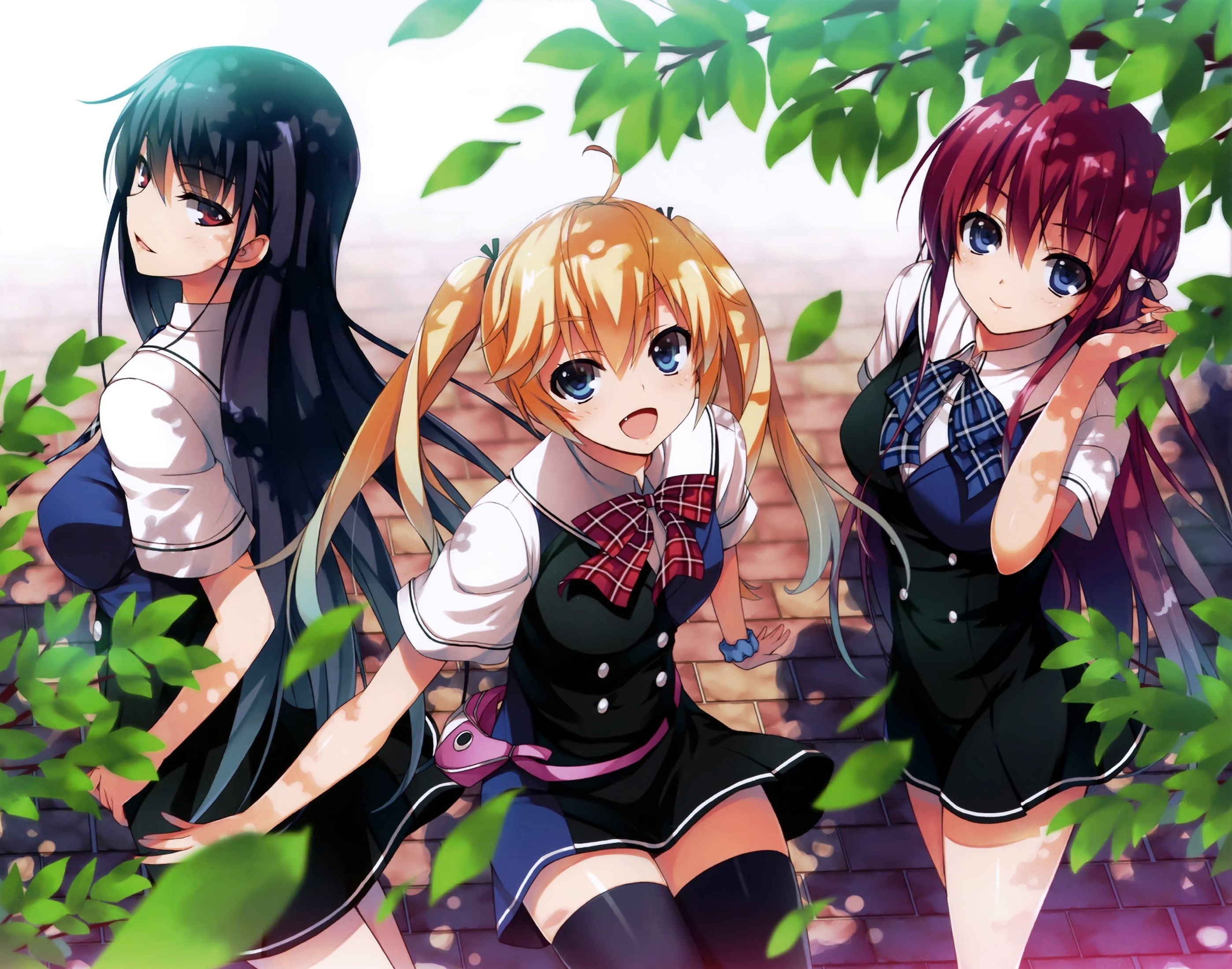 2K, Grisaia no Kajitsu, thigh-highs, school uniform, Sakaki Yumiko, anime, Suou Amane, Matsushima Michiru, anime girls, Tomose Shunsaku, HD Wallpaper
