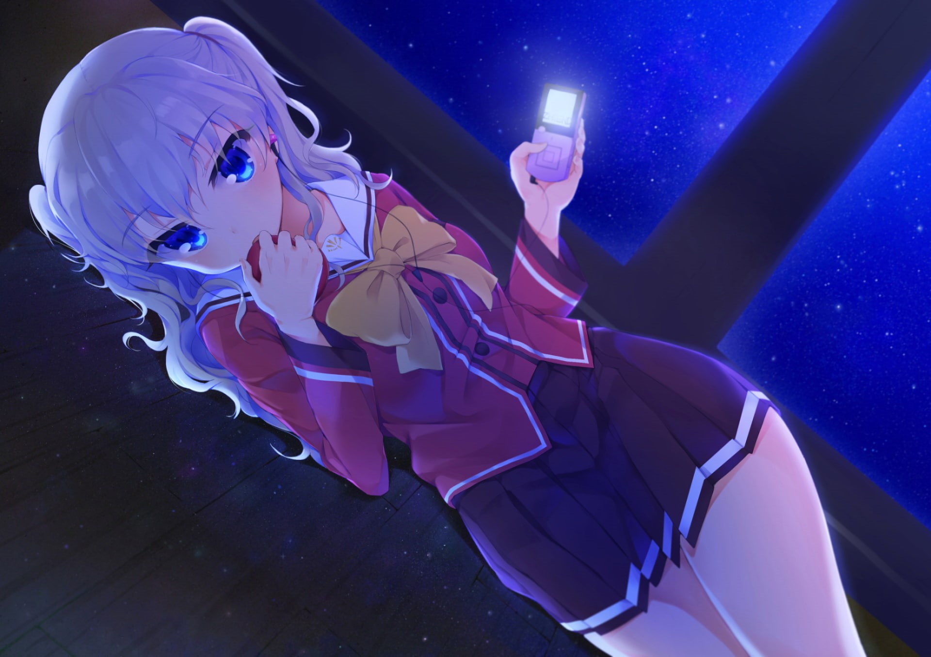 blue eyes, Charlotte (anime), white hair, anime girls, Tomori Nao, 1080P, school uniform, HD Wallpaper