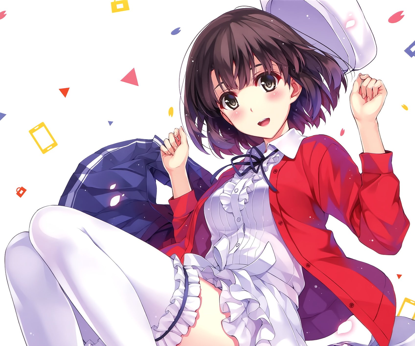 haired, Hat, Short Hair, Brown Hair, Megumi Katō, Anime, Smile, black, Blush, female, Skirt, illustration, 720P, Saekano: How to Raise a Boring Girlfriend, HD Wallpaper