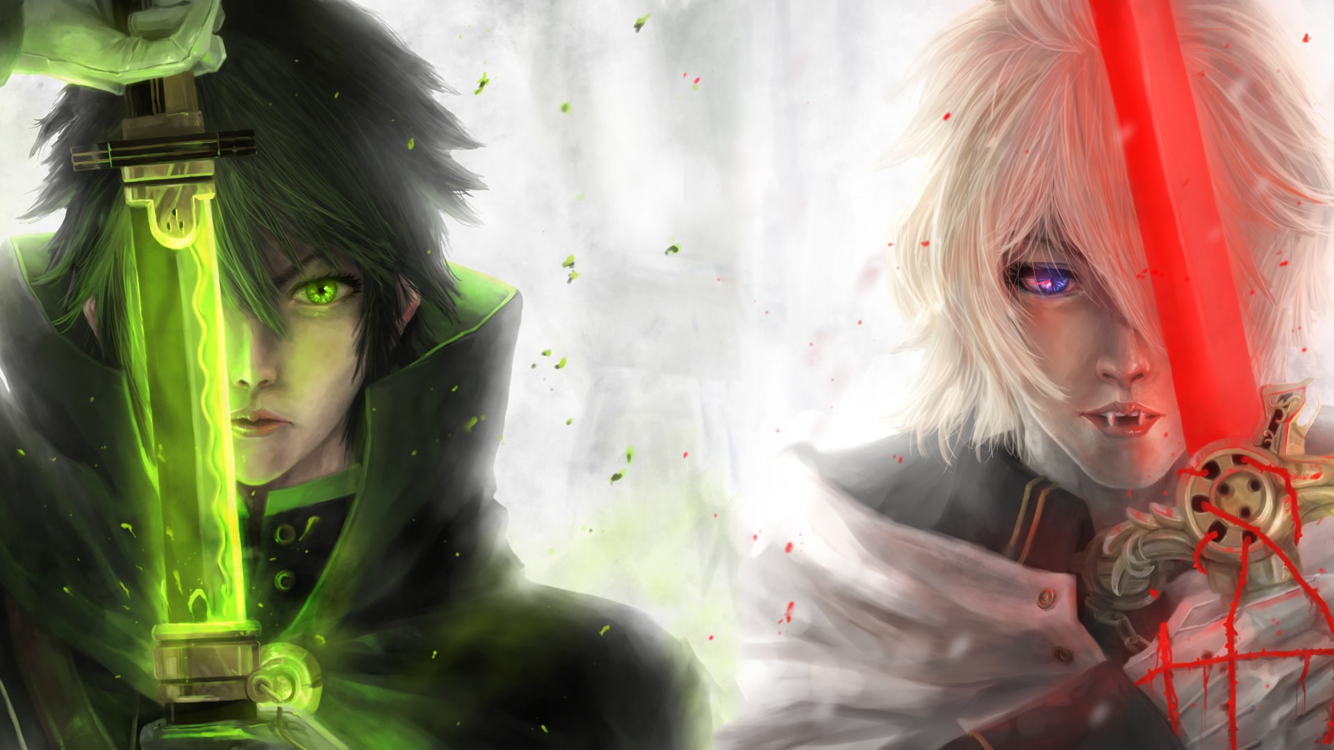 Close-Up, Blonde, Uniform, Boy, Glove, Blue Eyes, Short Hair, Black Hair, Katana, Seraph of the End, Yūichirō Hyakuya, Fangs, Green Eyes, Mikaela Hyakuya, HD Wallpaper