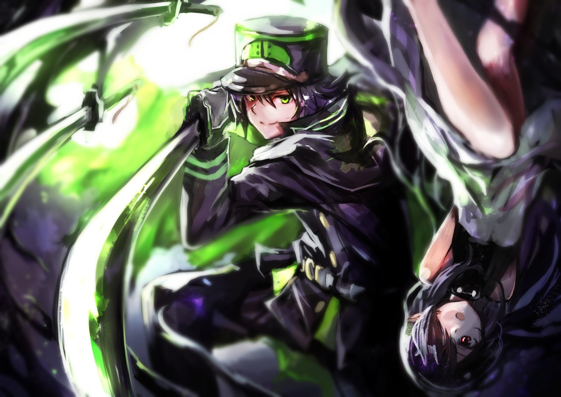 1080P, leaf, Asuramaru (Seraph Of The End), Girl, statue, Anime, close-up, art and craft, Cape, sculpture, plant part, female likeness, Smile, Dress, Sword, HD Wallpaper