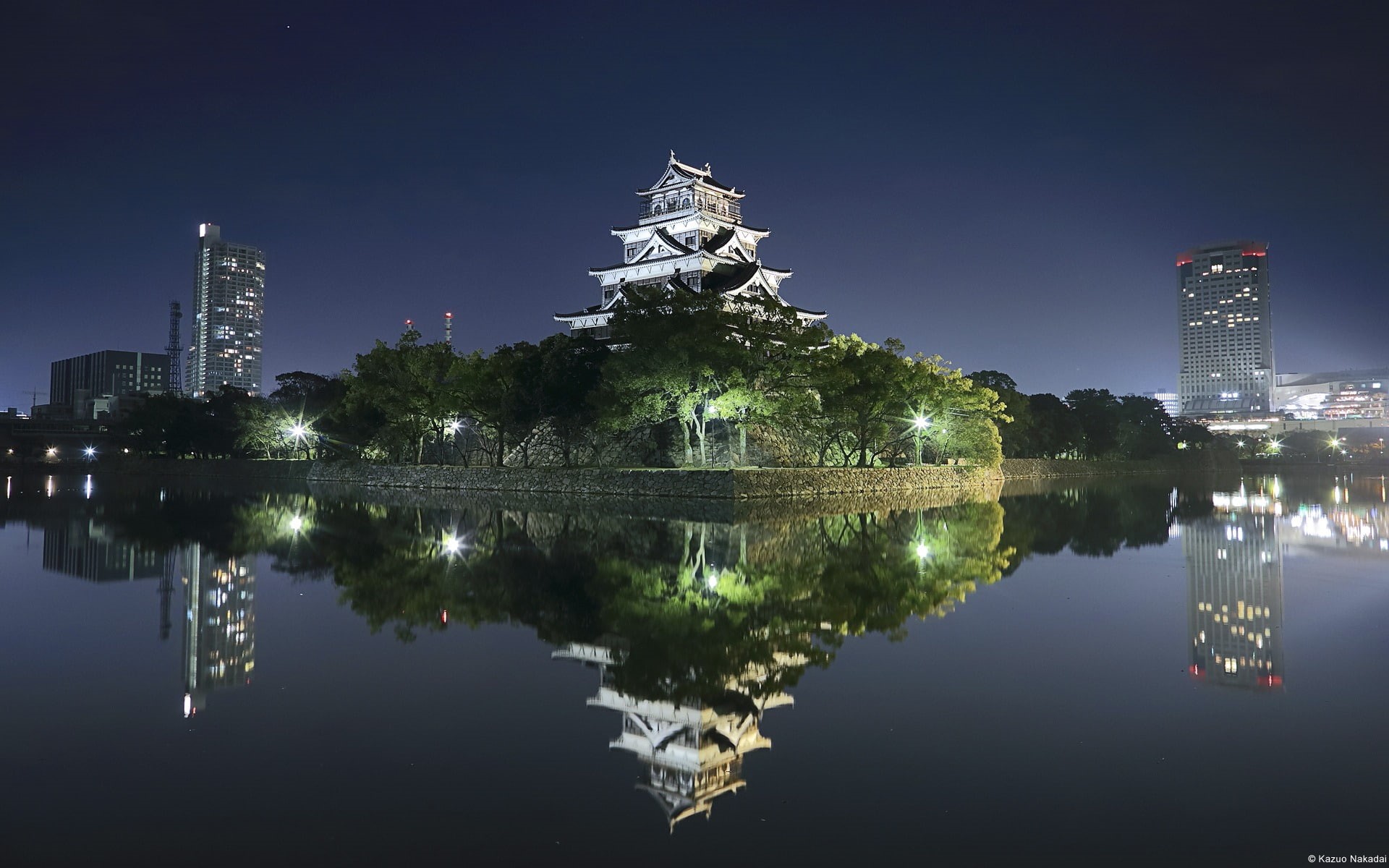  windows, building exterior, lake, travel destinations, hiroshima, building, theme, built structure, tall - high, city, night, waterfront, tree, HD Wallpaper