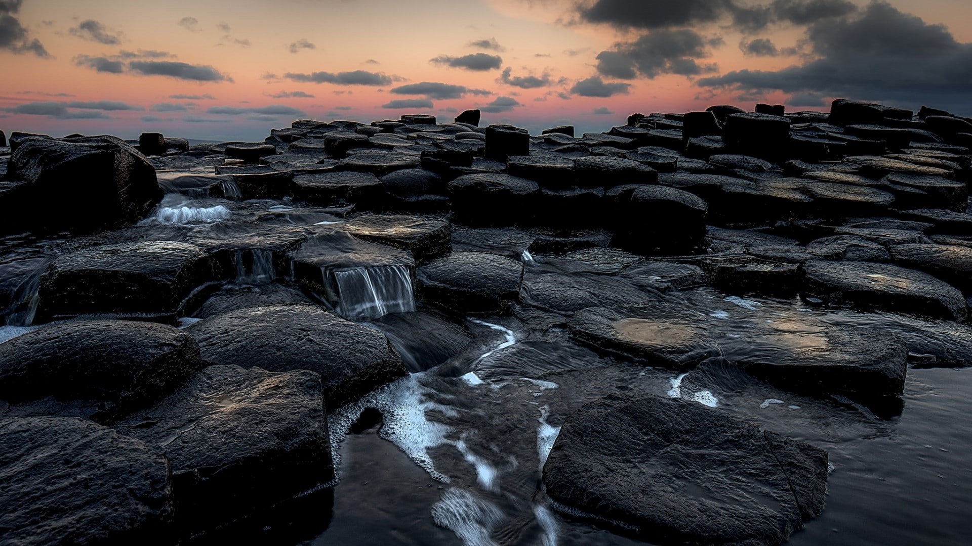 sea  Giants Causeway  long exposure  rock  coast  nature  sunset  clouds  rock formation  water  Ireland  landscape, 1080P, HD Wallpaper