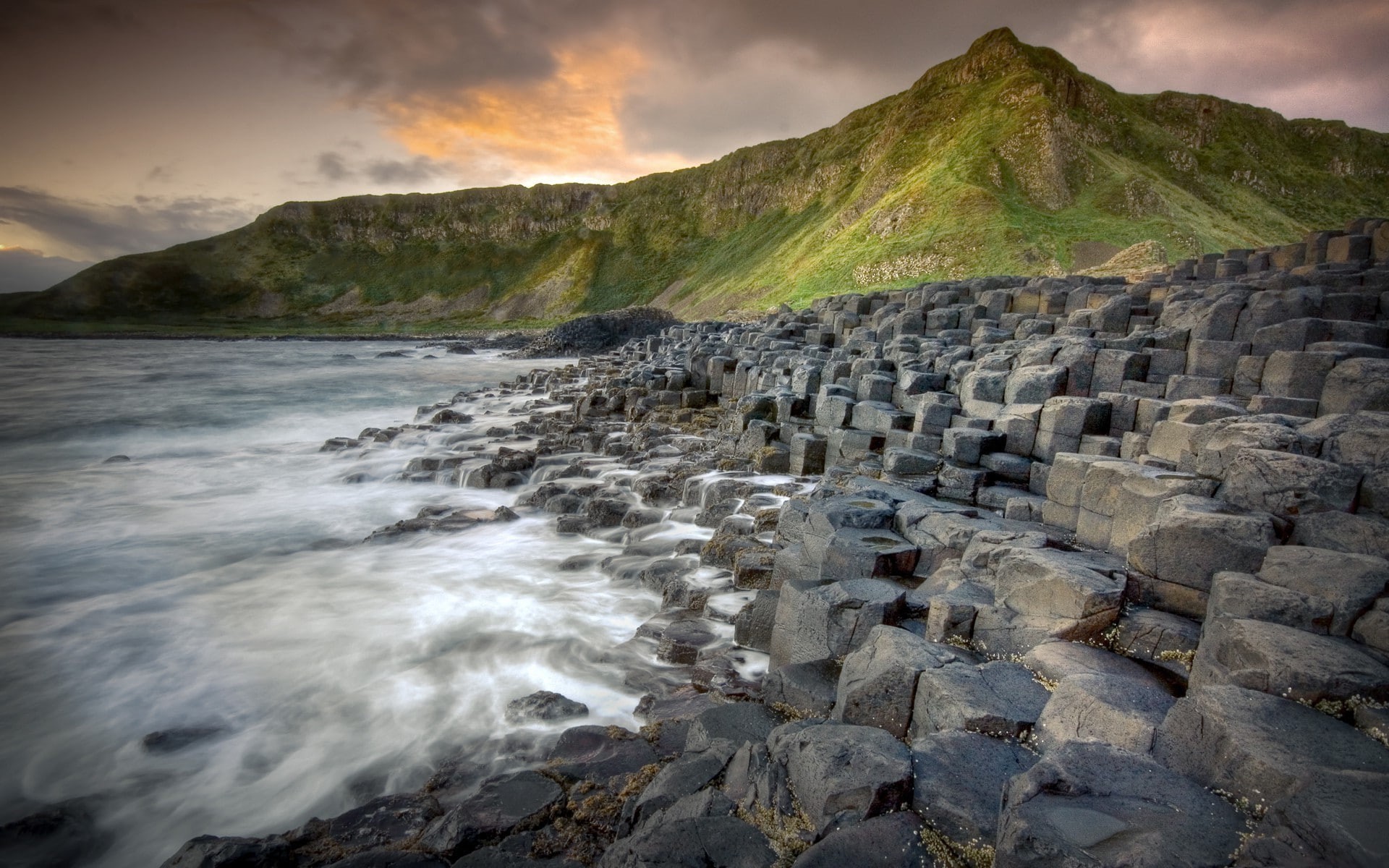 1080P, nature landscape giants causeway sea waves rock rock formation ireland long exposure hill sky water, HD Wallpaper