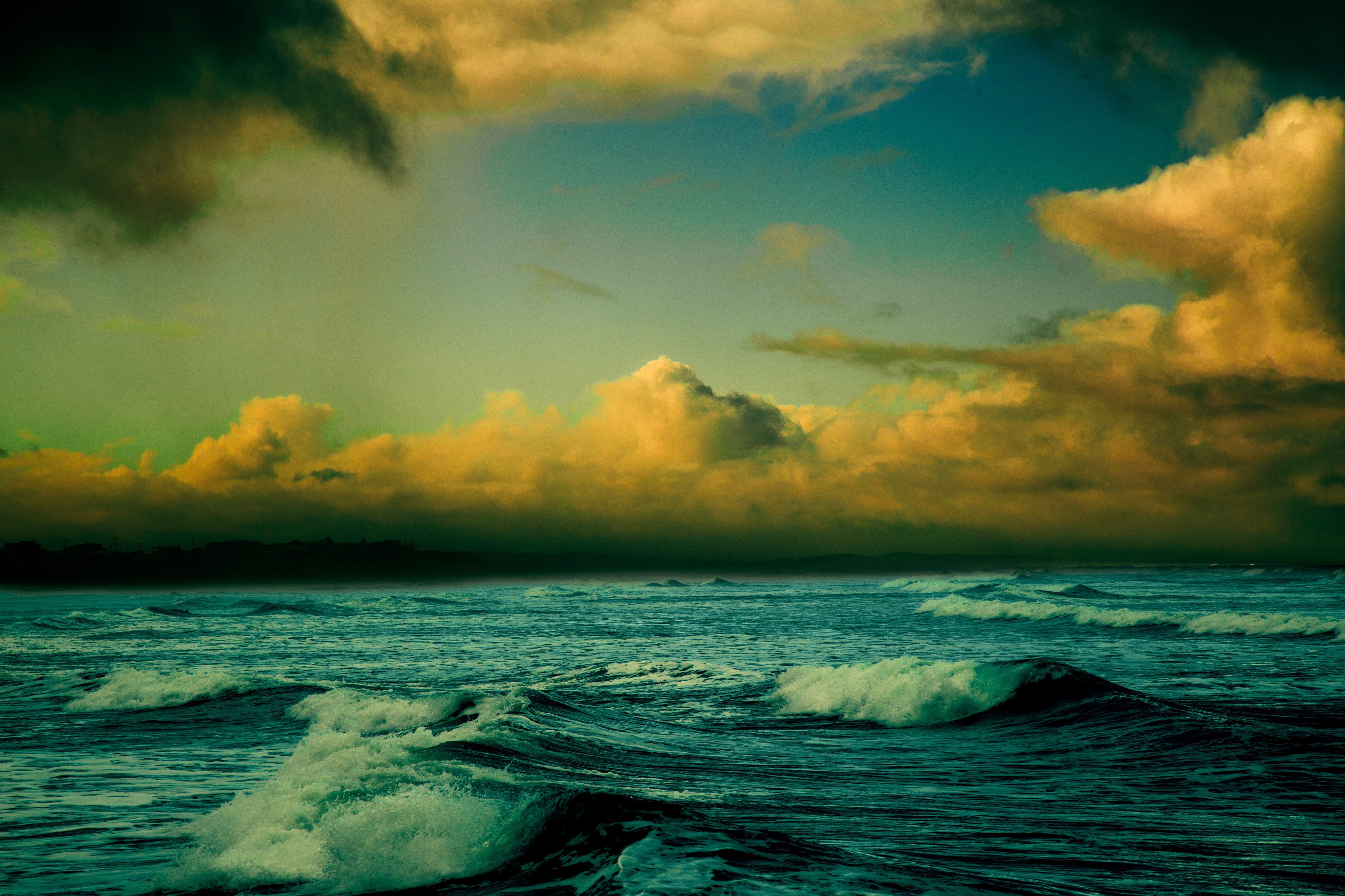 beauty in nature, storm, dusk, wave, scenics, land, blue, sunset, water, waves, motion, clouds, sea, sky, outdoors, nature, ocean, surfing, beach, painting, HD Wallpaper