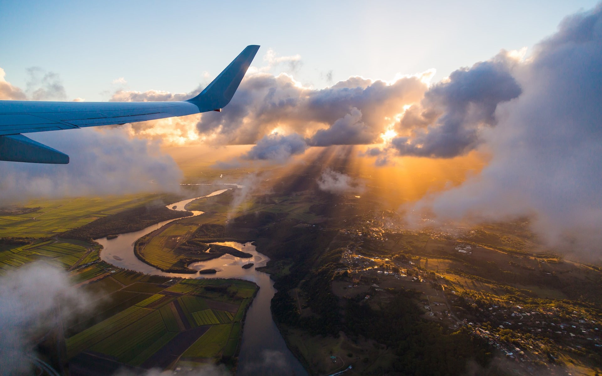 landscape, clouds, wing, nature, plane, airplane, sunlight, hd, 1080P, HD Wallpaper