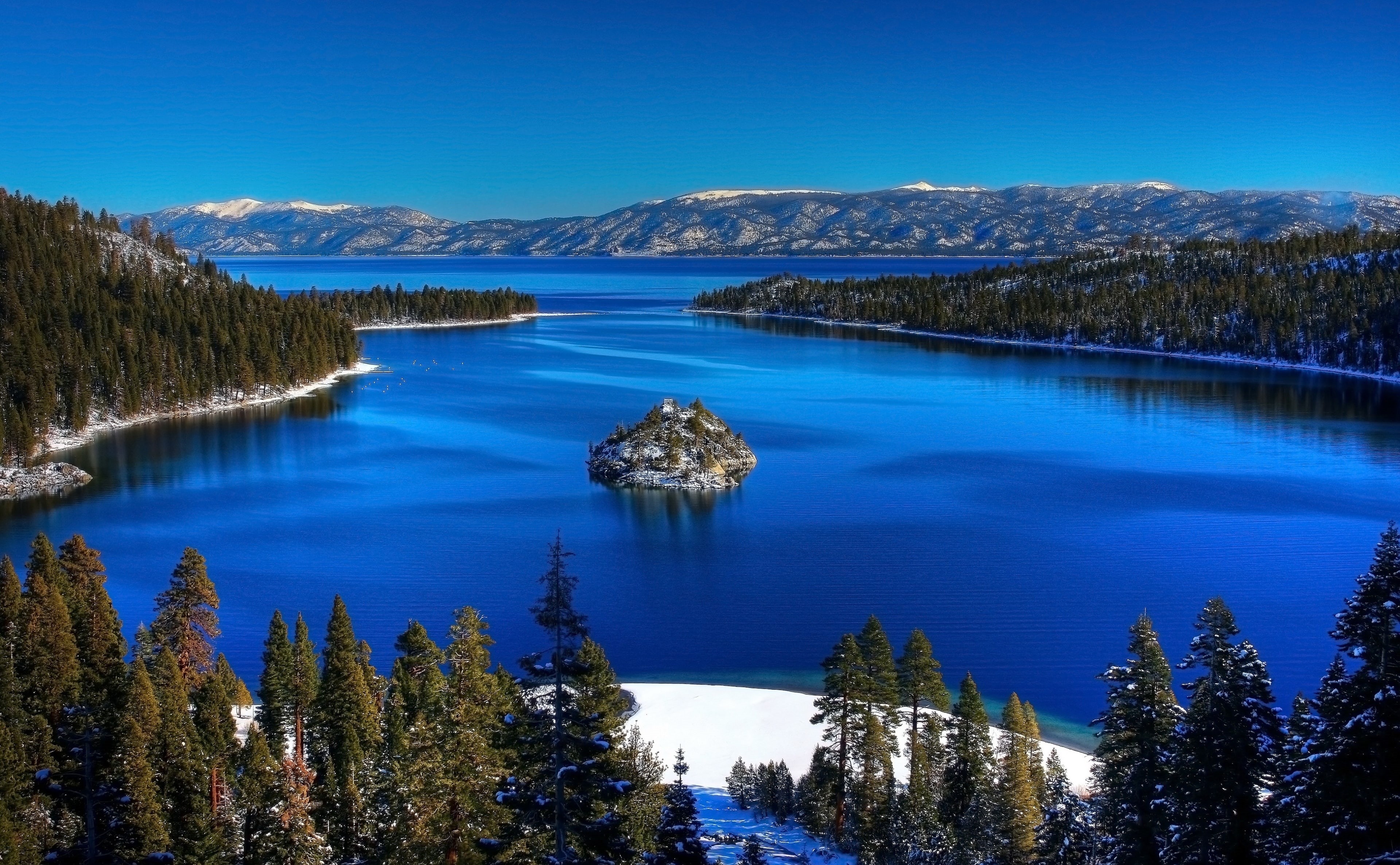 green, Blue, Emerald Bay State Park, tranquil scene, Trees, coniferous tree, emerald, Lake, woodland, water, no people, 4K, Winter, United States, lot, HD Wallpaper