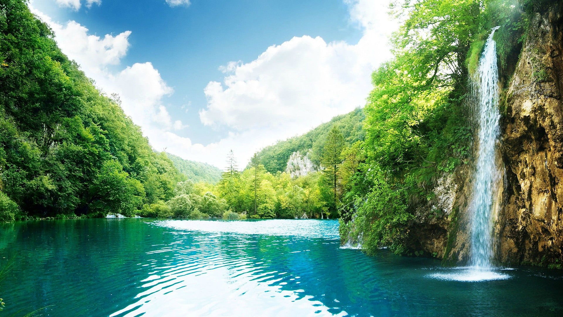 tropical, rainforest, vacation, flowing water, day, trees, ocean, idyllic, cloud - sky, turquoise, no people, waterfall, scene, forest, travel, reflection, HD Wallpaper