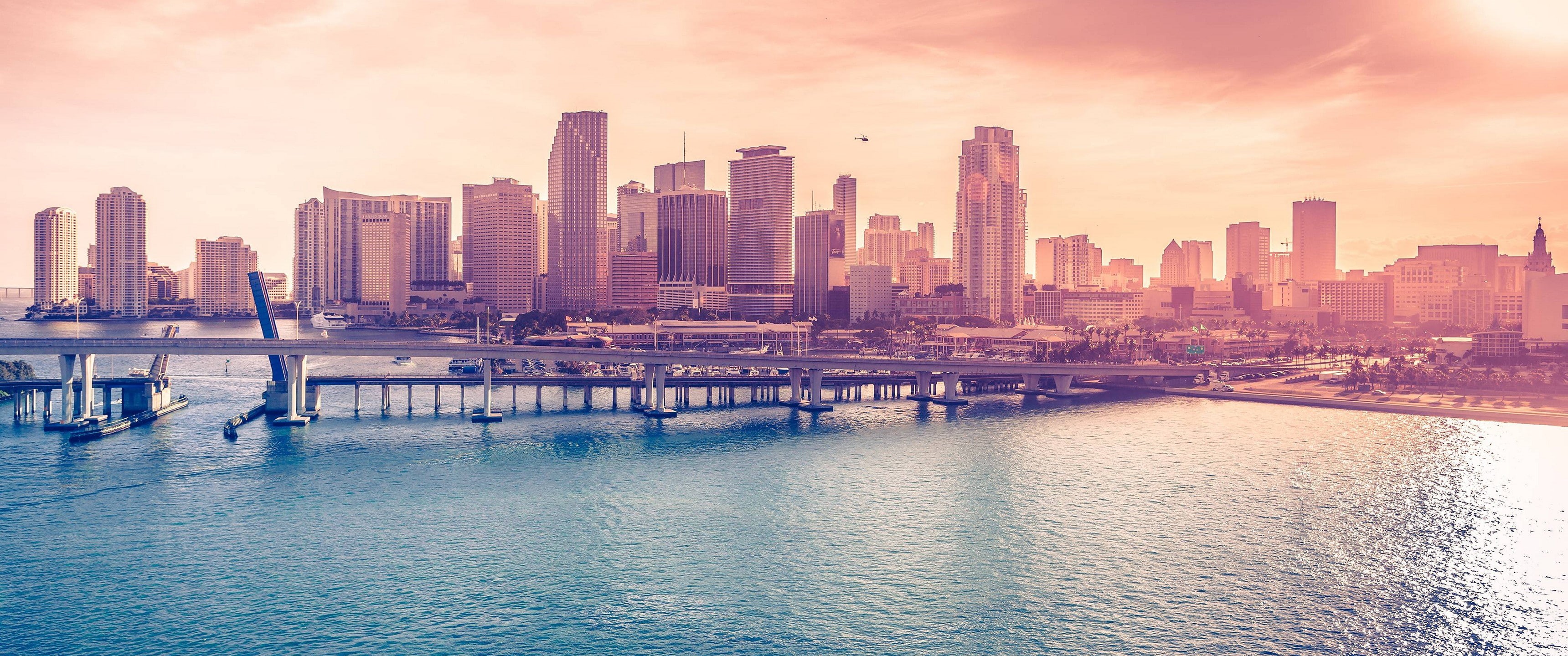 city life, water, travel destinations, bay, building exterior, downtown district, office building exterior, sunset, bridge, city, transportation, Miami, HD Wallpaper