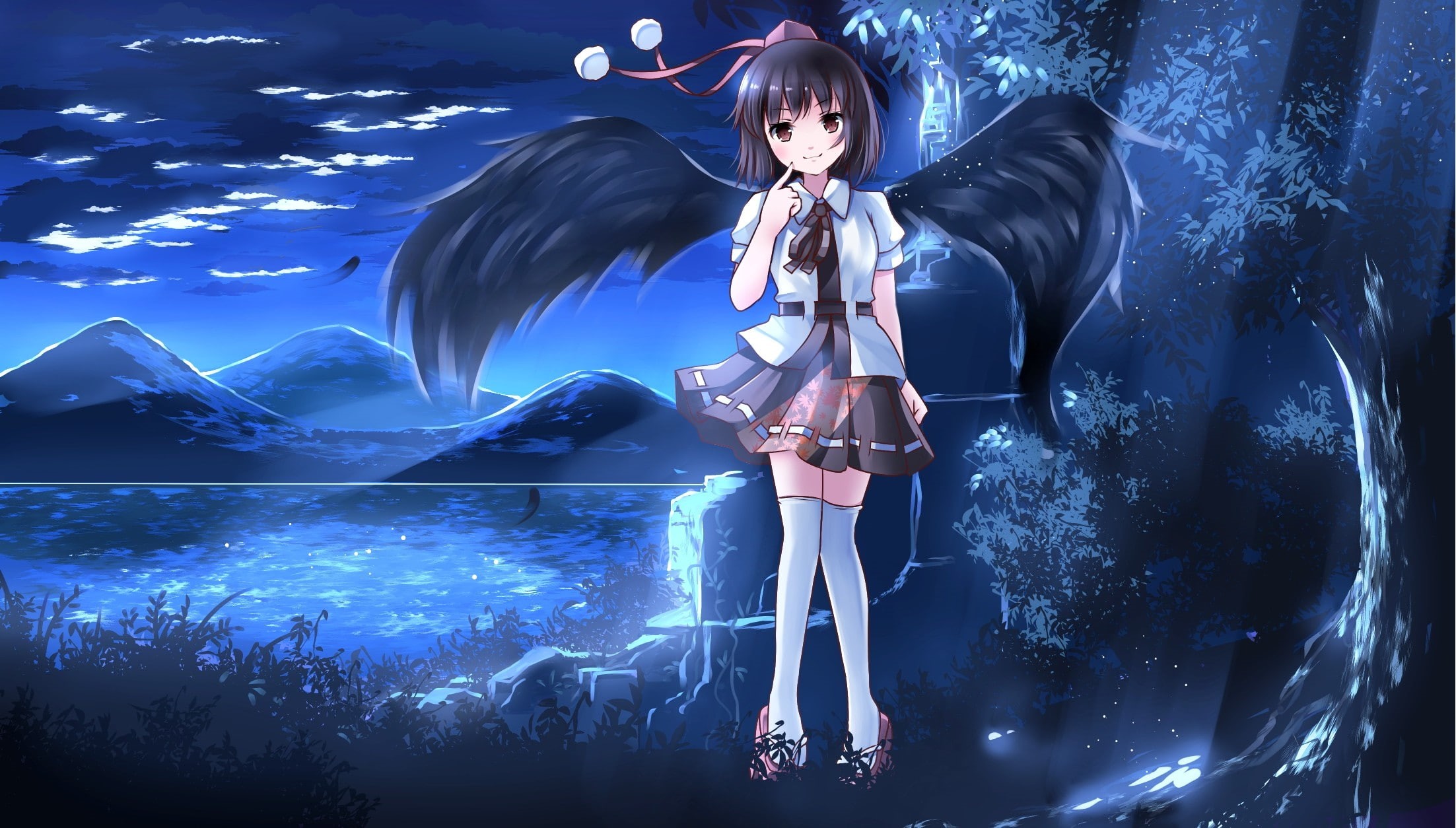 wings, short hair, Shameimaru Aya, anime girls, brown eyes, anime, 1080P, Touhou, night, HD Wallpaper