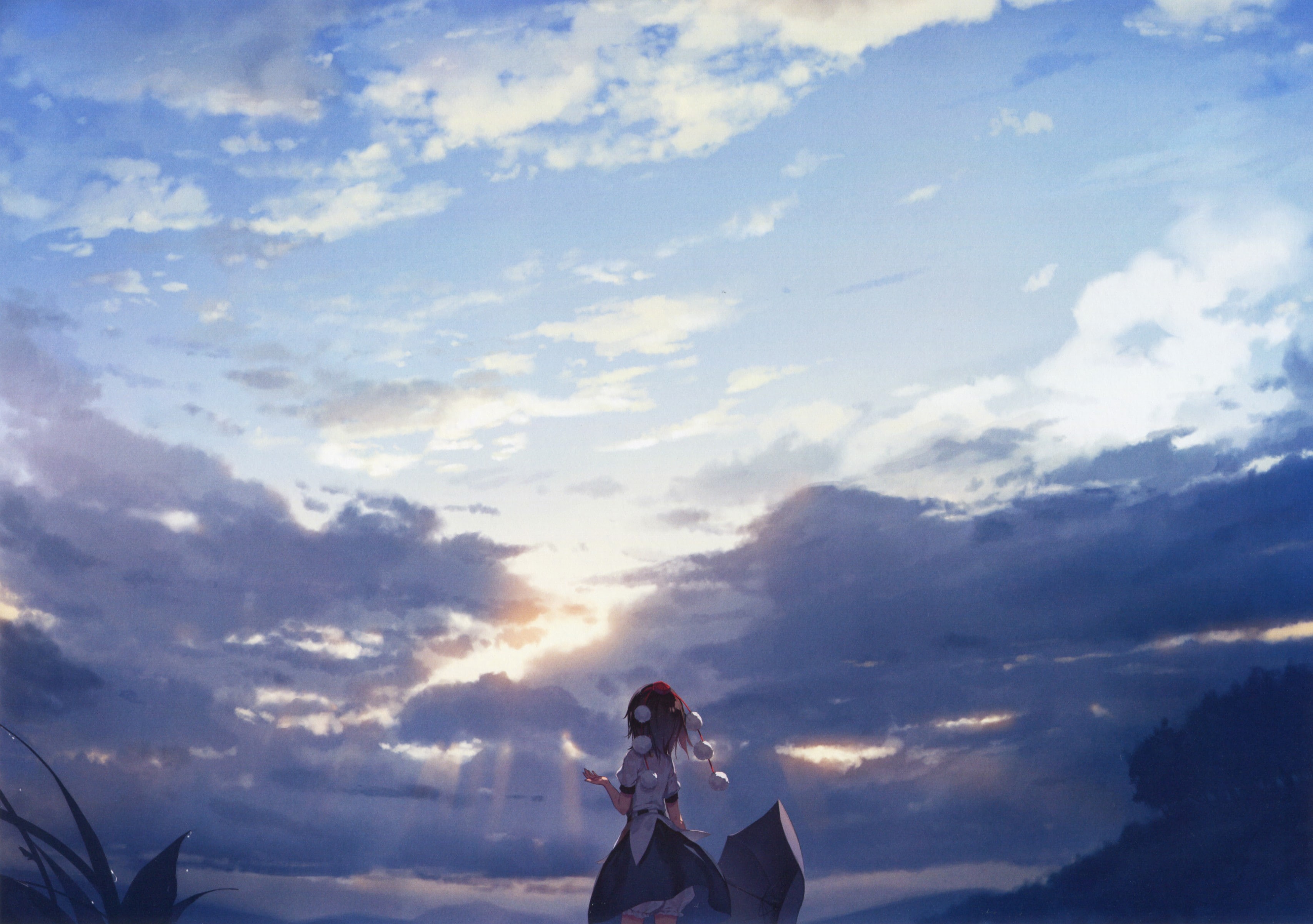 2K, ke-ta, umbrella, sky, clouds, Shameimaru Aya, Touhou, HD Wallpaper