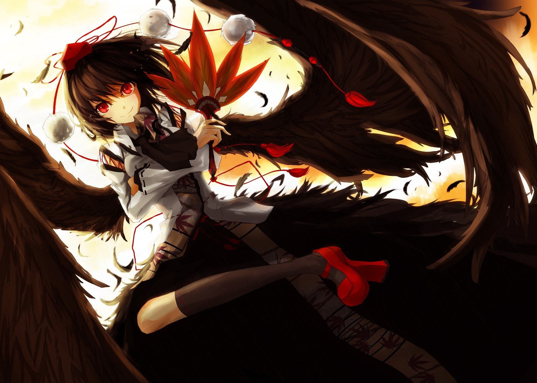 Touhou, hair, high angle view, indoors, flower, feathers, young adult, young women, wings, anime, art and craft, flowering plant, Shameimaru Aya, lifestyles, HD Wallpaper