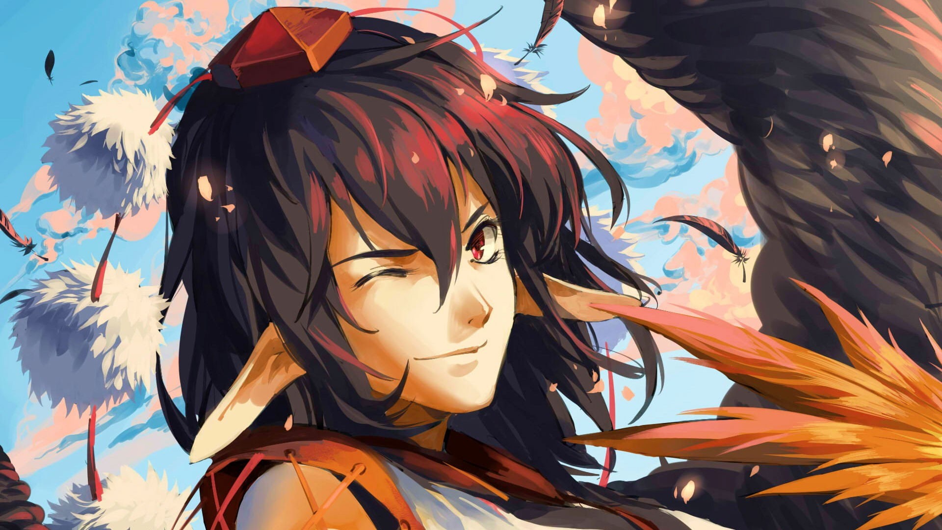 red eyes, 1080P, smirk, Tokin Hat, Shameimaru Aya, animal ears, feathers, black hair, flower petals, anime girls, bangs, wings, Touhou, winking, HD Wallpaper
