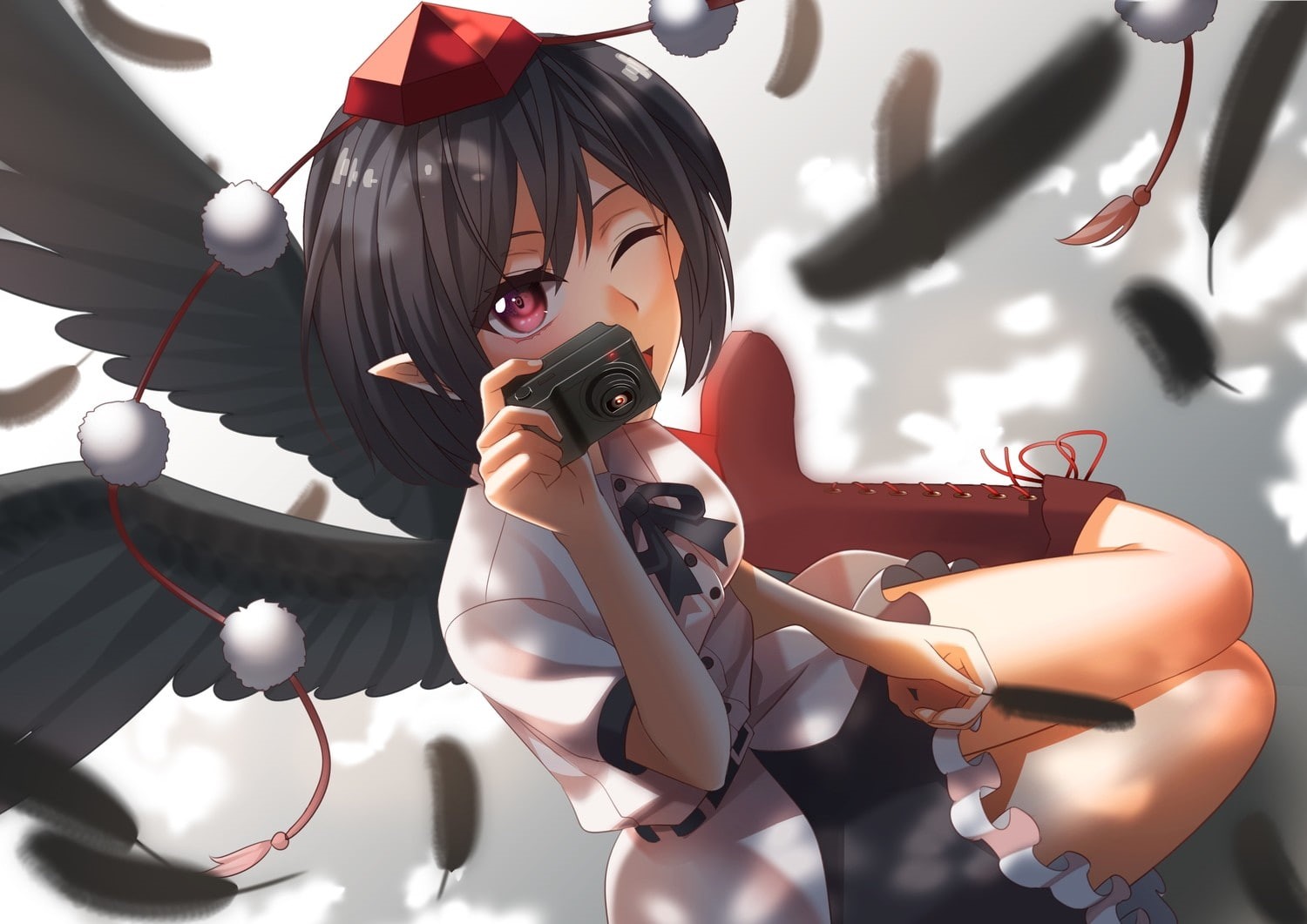 shameimaru, shameimaru aya, wings, 720P, camera, short, short hair, touhou, hair, aya, boots, HD Wallpaper