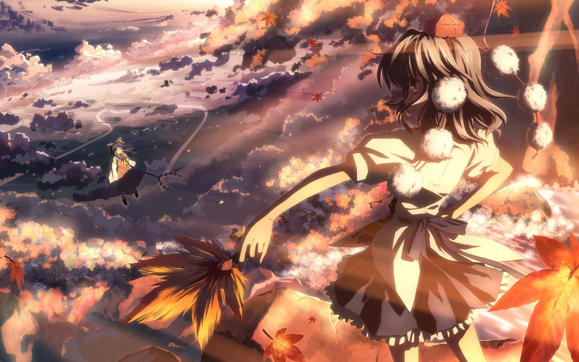 x, tengu, reimu, Touhou, hd, aya, skyscapes, hakurei, shameimaru, Clouds, sky, nature, flying, art, 1080P, HD Wallpaper