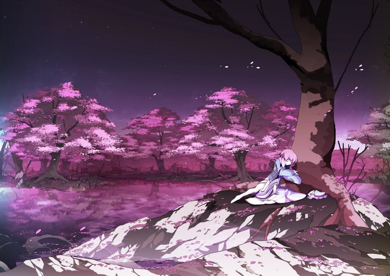Saigyouji Yuyuko, outdoors, astronomy, star - space, sky, growth, tranquility, plant, purple, water, tranquil scene, no people, nature, Touhou, night, 720P, HD Wallpaper