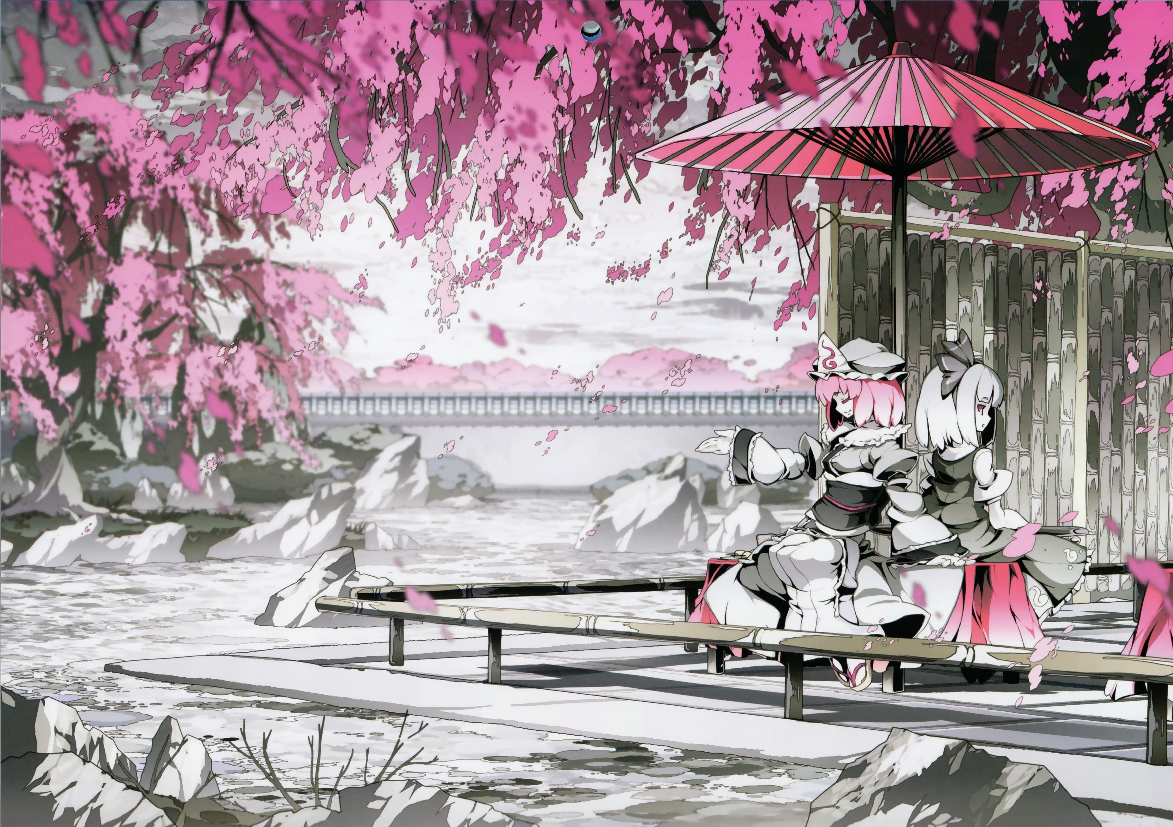 Touhou, springtime, Saigyouji Yuyuko, pink color, beauty in nature, building, no people, pink, flowering plant, purple, blossom, 4K, Konpaku Youmu, plant, HD Wallpaper