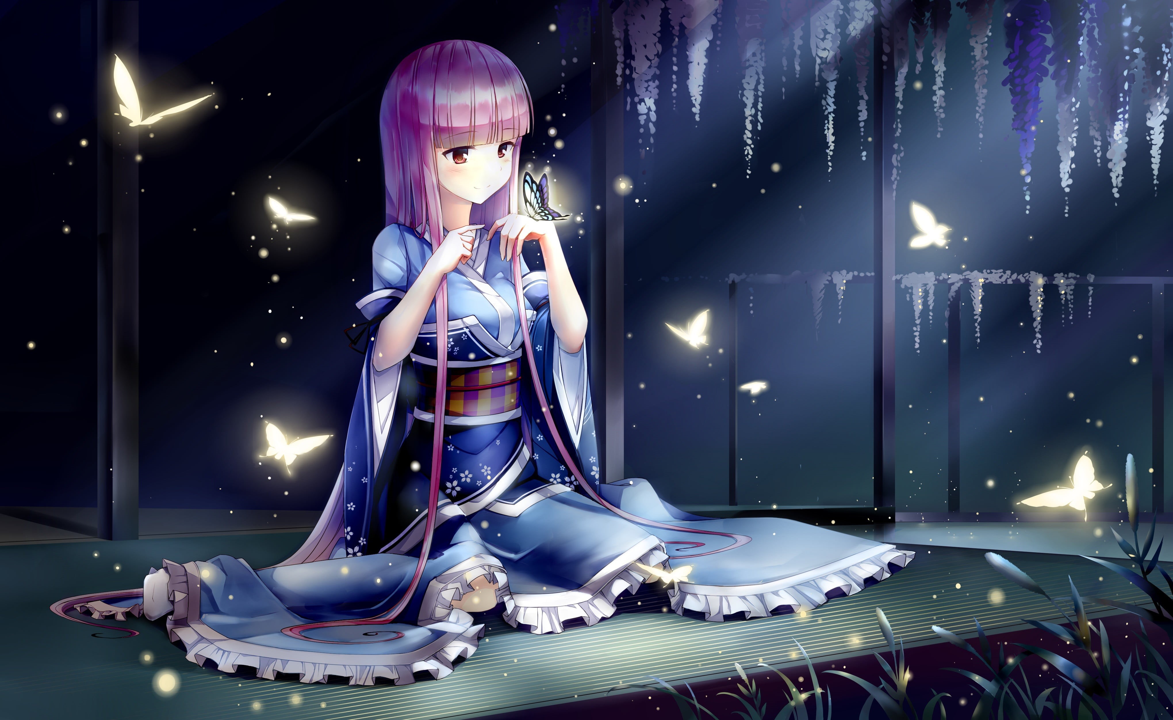 Touhou, arts culture and entertainment, casual clothing, lighting equipment, fashion, 4K, character, illuminated, one person, anime, butterfly, HD Wallpaper