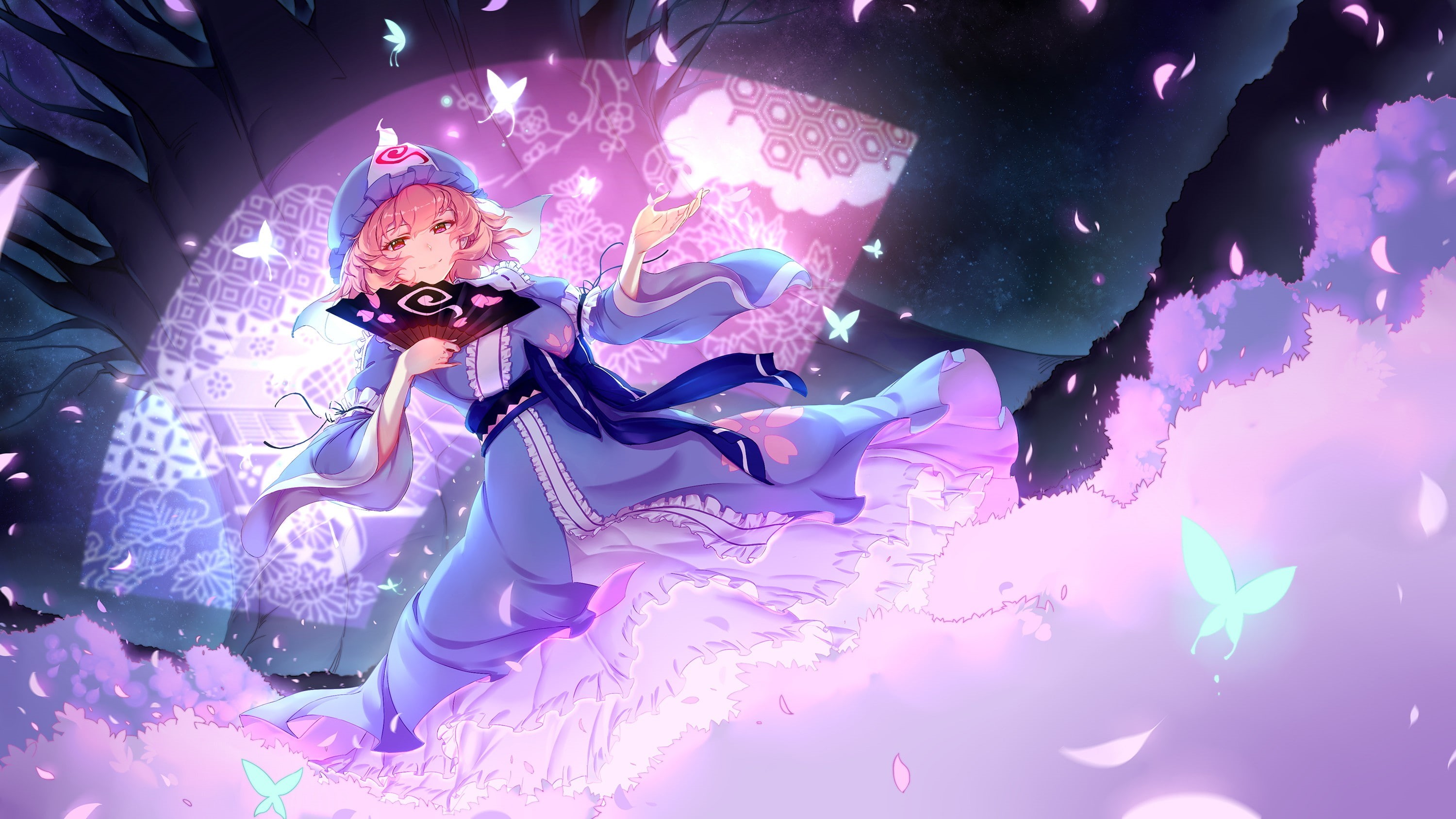 dress, anime girls, red eyes, Saigyouji Yuyuko, 2K, anime, Touhou, pink hair, short hair, HD Wallpaper